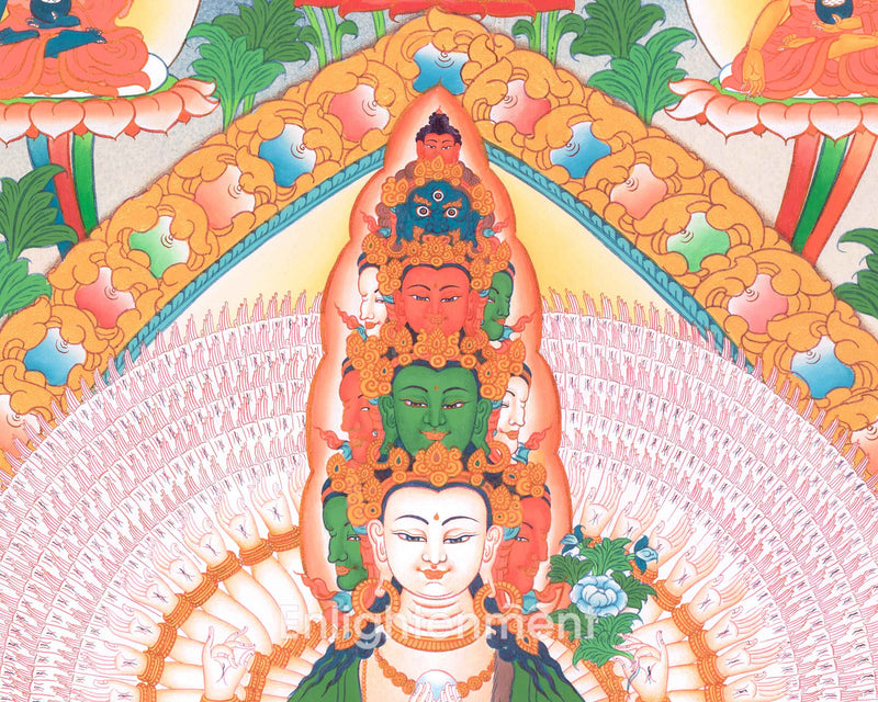 1000 Arm Chenresig Thangka | 5 Buddhas | Tradational Artwork