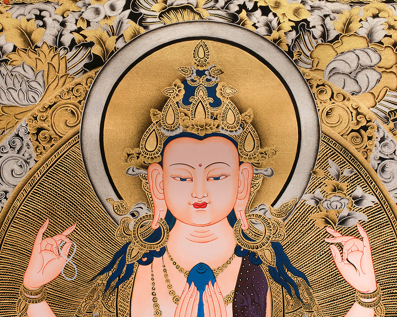 The Tranquil Presence of 4 arms Avalokiteshvara | Gold Embellished Thangka of Compassion