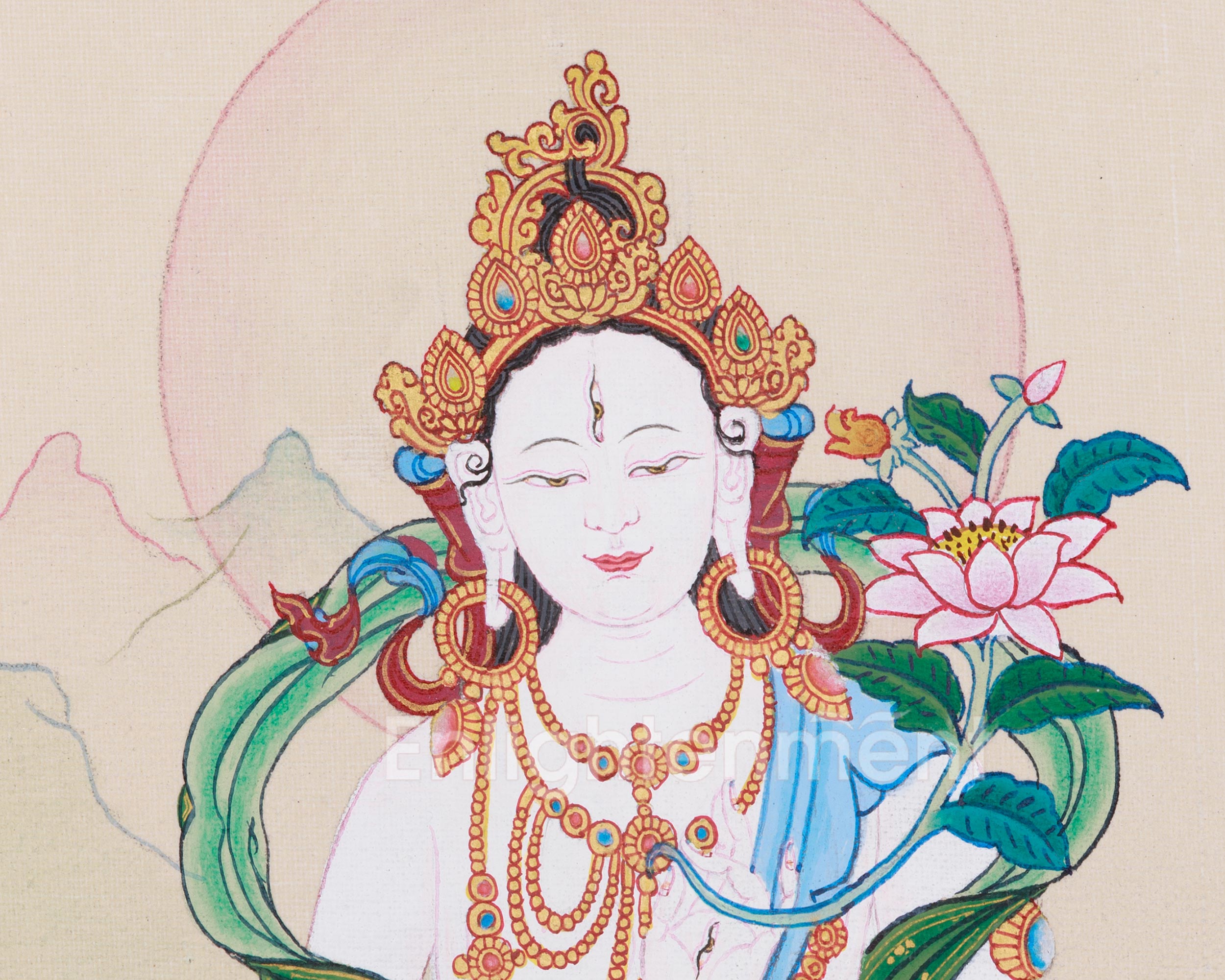 Hand-Painted Seven Eyes White Tara Thangka | Buddhist Art for Longevity and Healing