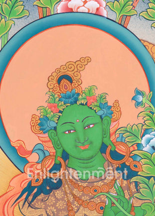 Handpainted Goddess Green Tara Thangka | Compassionate Deity