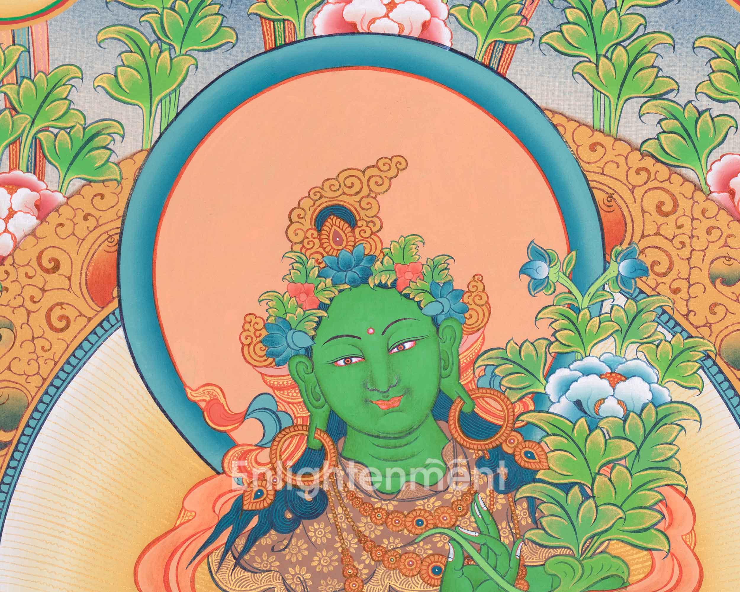 Handpainted Goddess Green Tara Thangka | Compassionate Deity