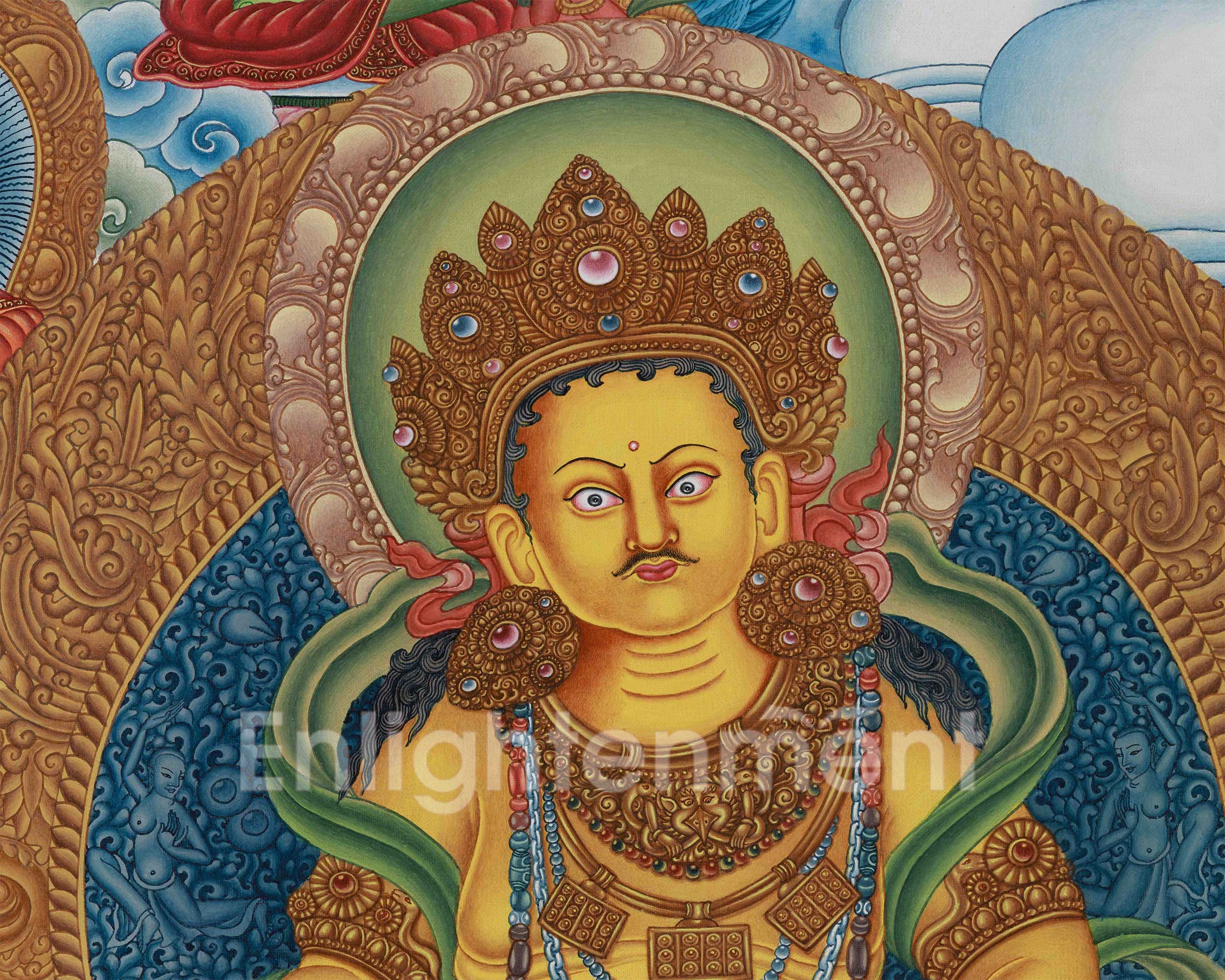 Yellow Dzambhala, The Wealth Deity Thangka | Prosperity Thangka With Five Dhyani Buddhas