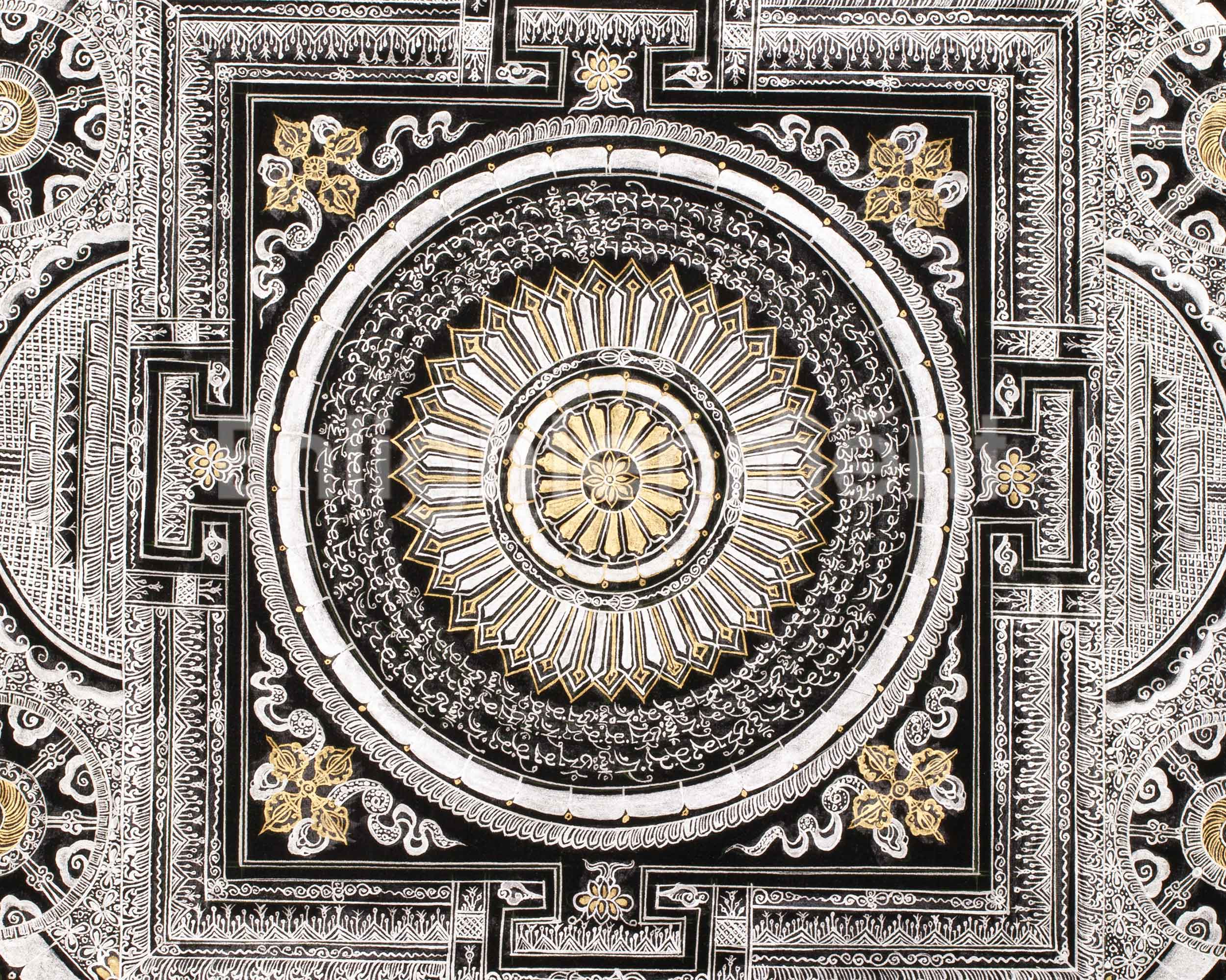 Silver with Gold Mantra Mandala | Four Mythical Creatures | Mandala Painting
