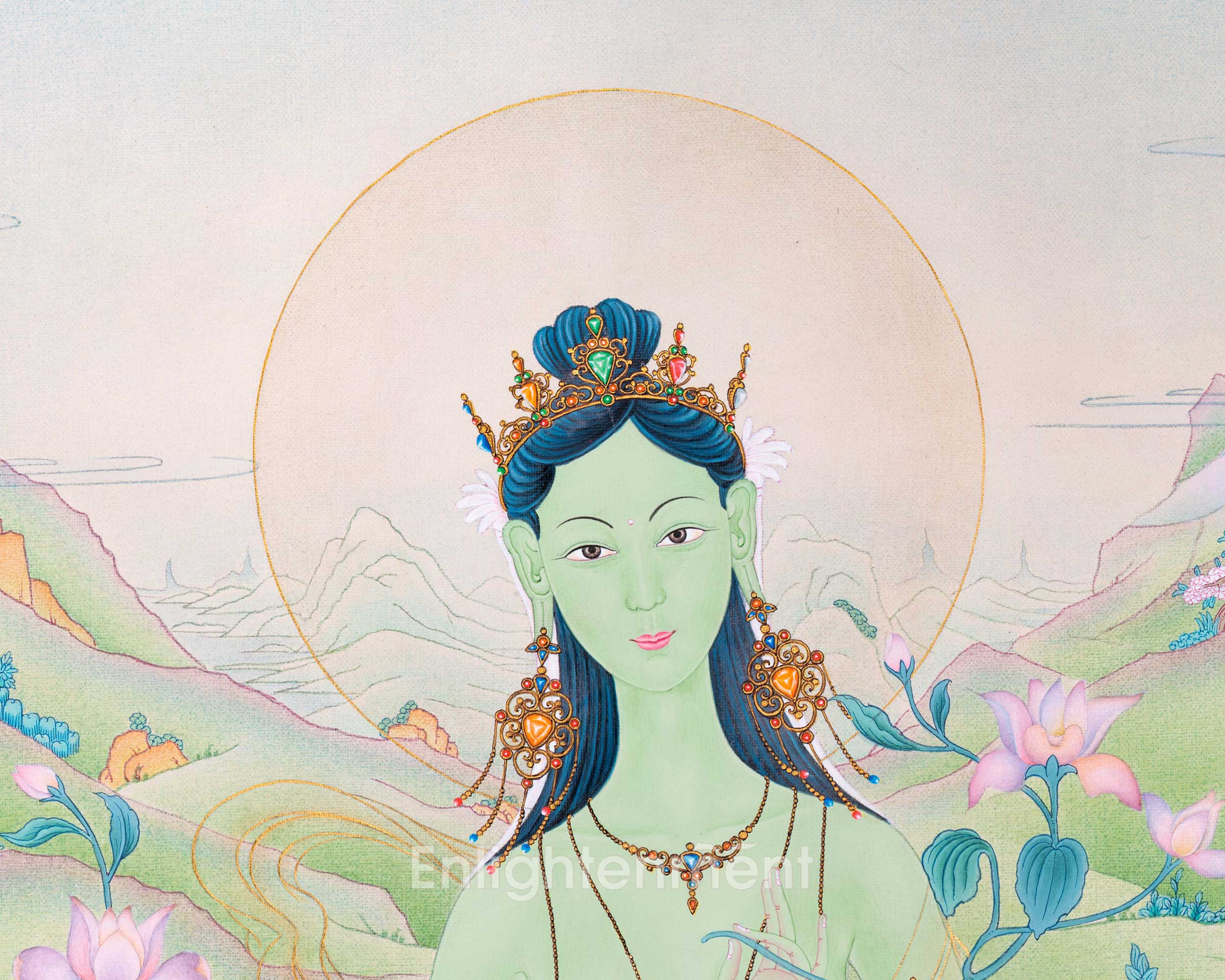 Green Tara Goddess Thangka | Hand-Painted Mother Tara Thangka For Mindfulness