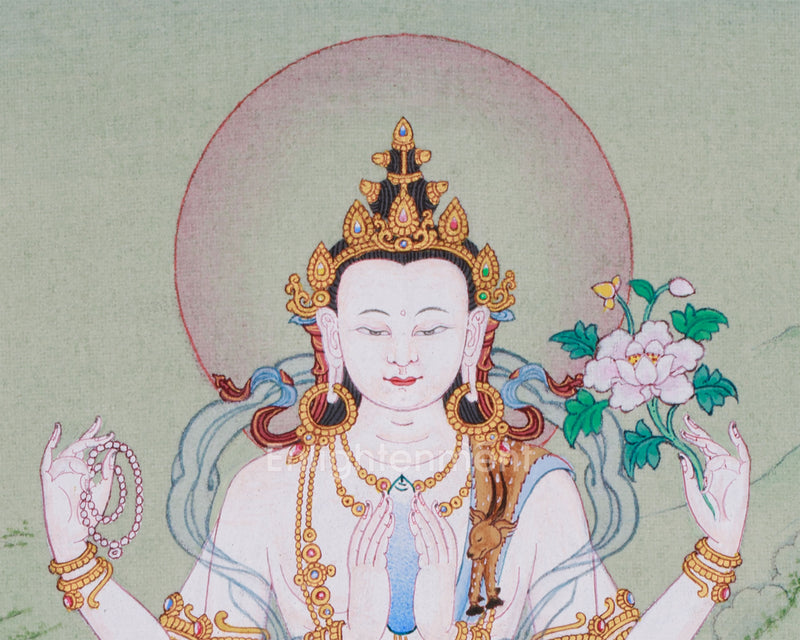 4-Armed Bodhisattva Chenrezig Thangka | Compact Sacred Artwork