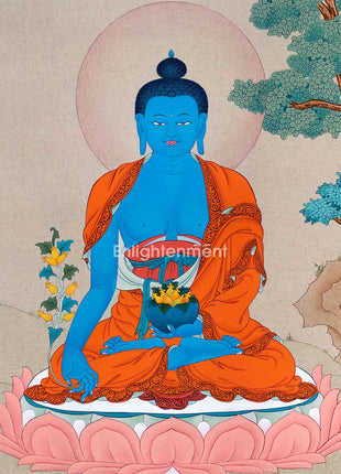 The Blue Buddha, God of Medicine Thangka | Medicine Buddha | Tibetan Helaing Deity