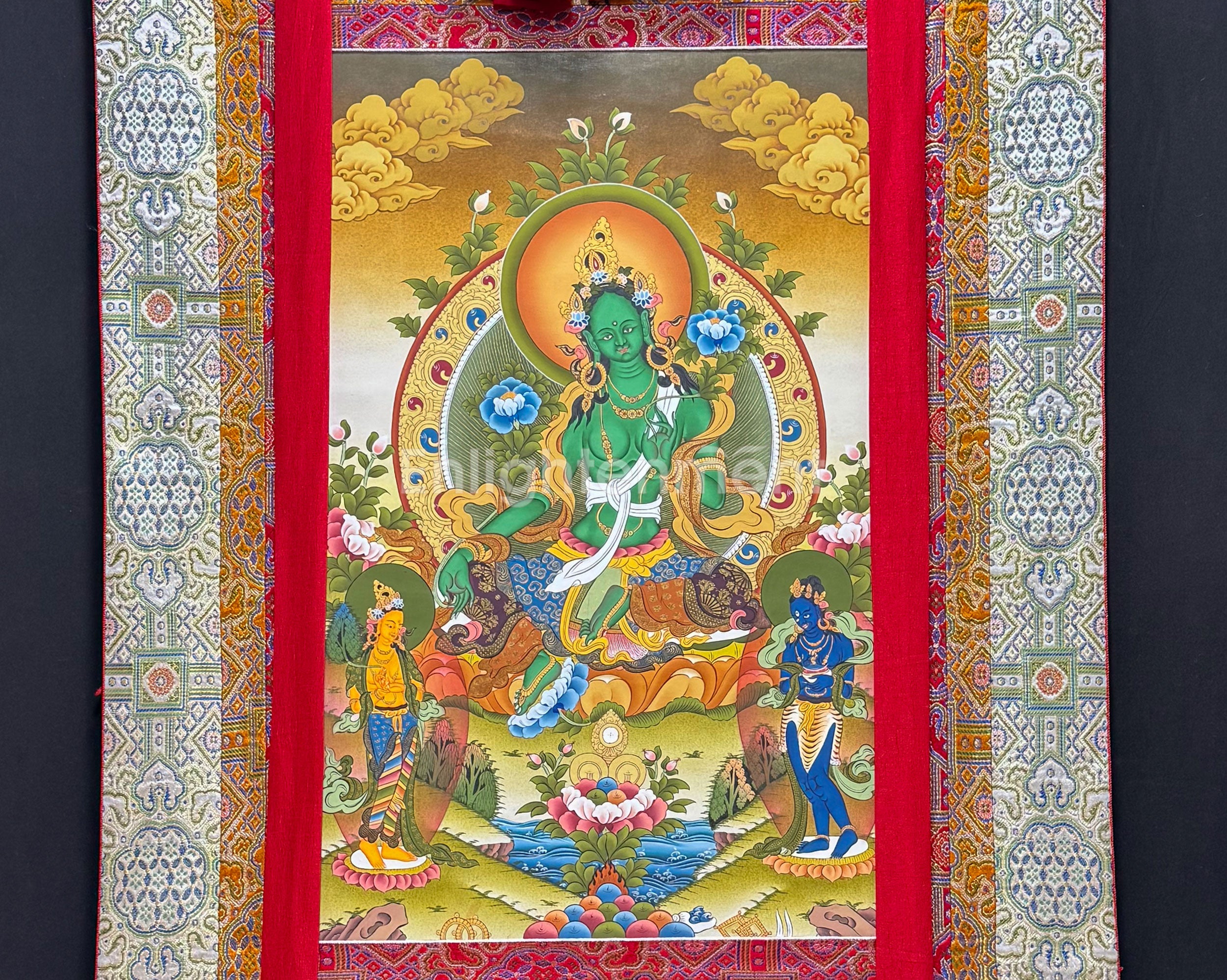Green Tara with Bodhisattva Artwork | A Beautiful Thangka in Brocade Symbolizing Protection and Compassion