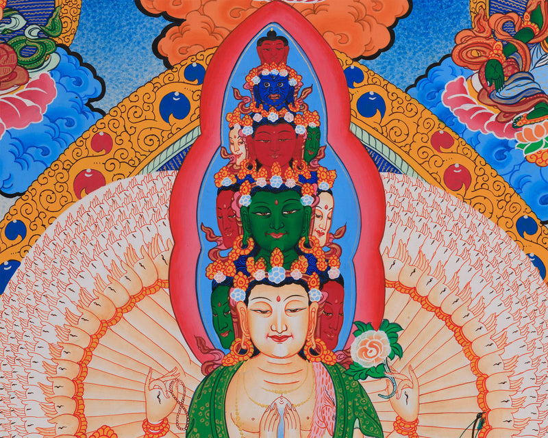 1000-Armed Avalokiteshvara Flanked Tara, Amitabha Buddha, Manjushri, and Vajrapani | Bodhisattva Chenrezig Artwork