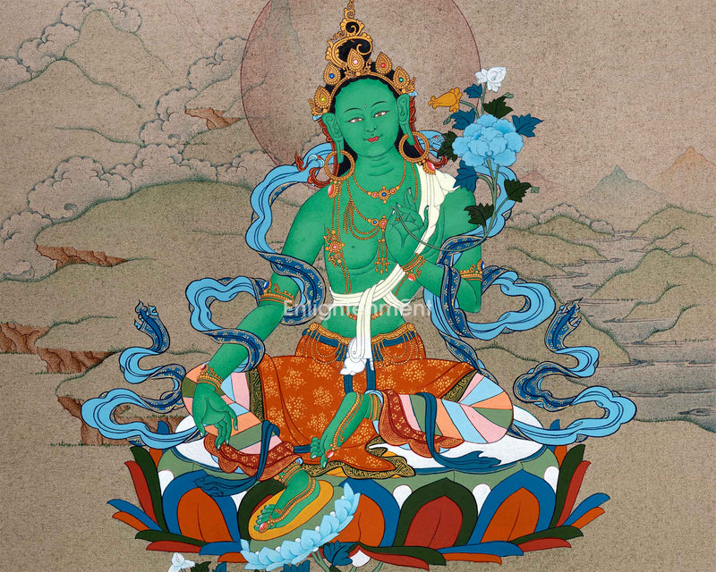 Green Tara's Serene Blessings | Goddess of Compassion in Thangka Art | Religious Decoration