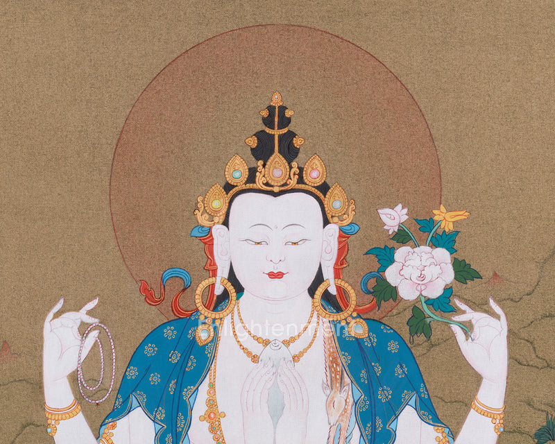 Compassion Buddha Thangka | Four-Armed Chenresig | Tibetan Spiritual Art