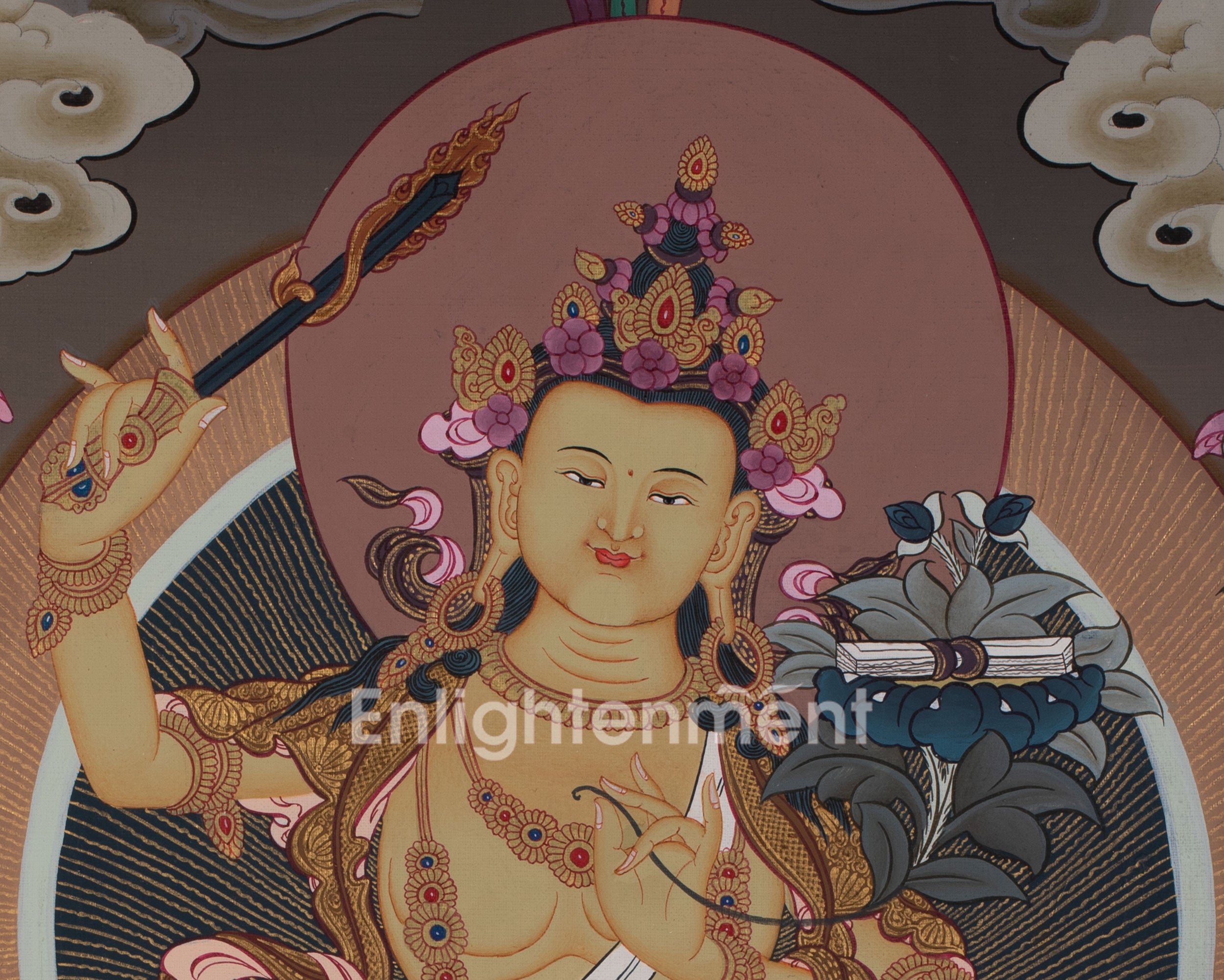 Manjushri Thanka | Tibetan Bodhisattva with Flaming Sword of Wisdom