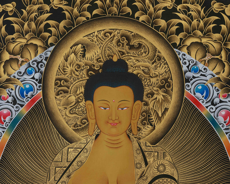 Gold Thangka of Shakyamuni Buddha | Five Dhyani Buddhas With Two Disciples