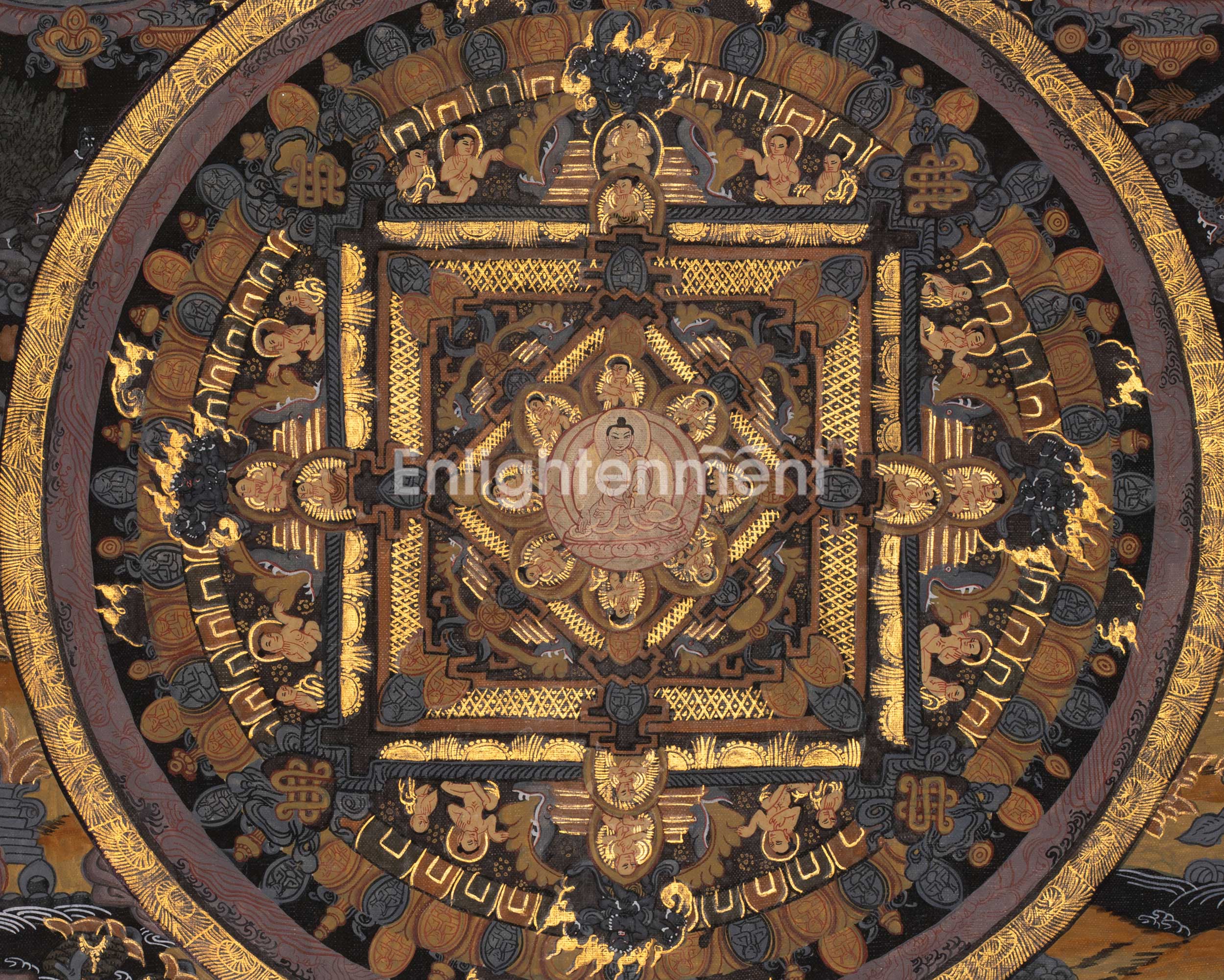 Gold and Black Vintage Buddha Mandala Artwork | Buddhist Altar