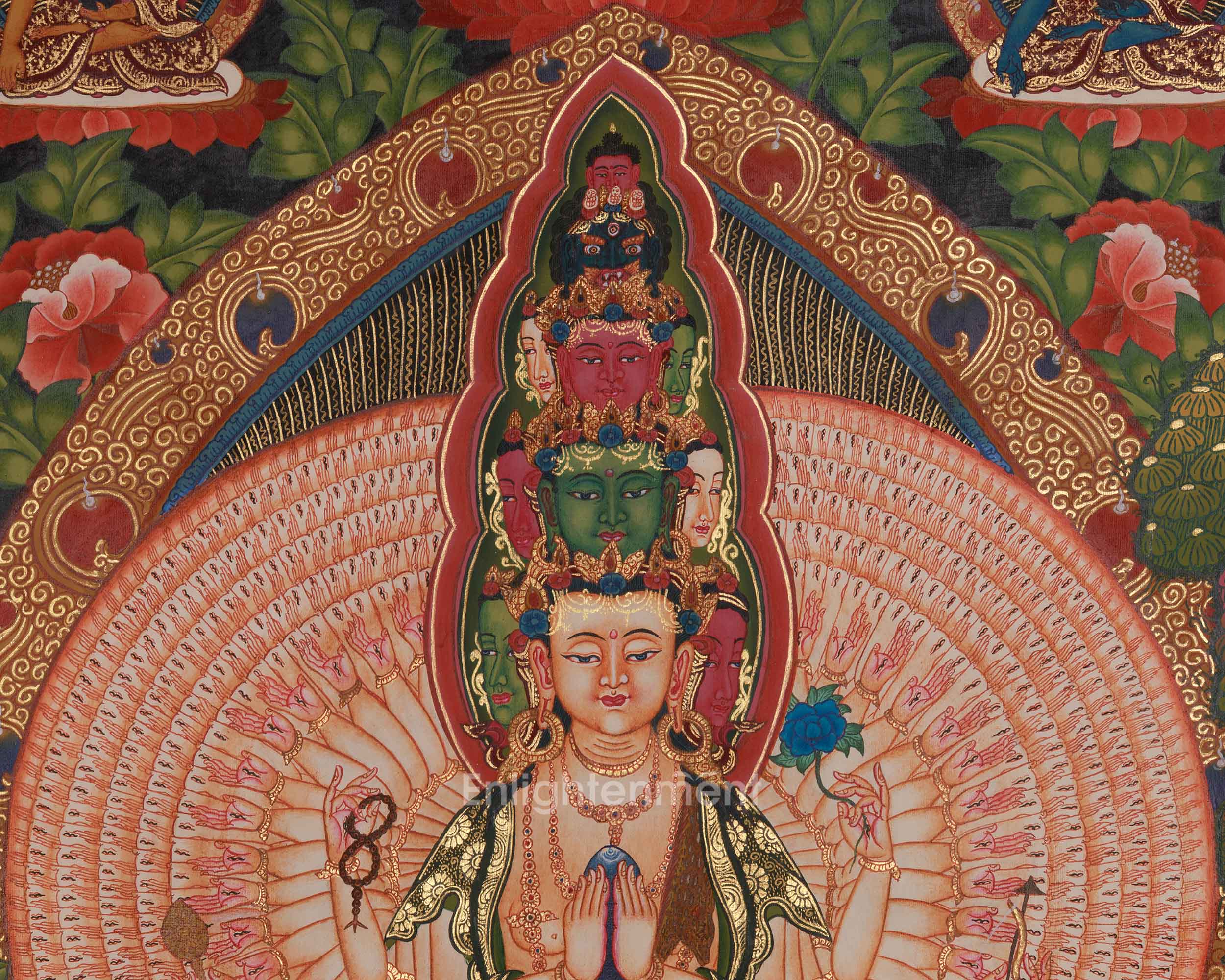 1000 Armed Chenrezig with Five Dhyani Buddha Thangka | Manjushri And Vajrapani Art