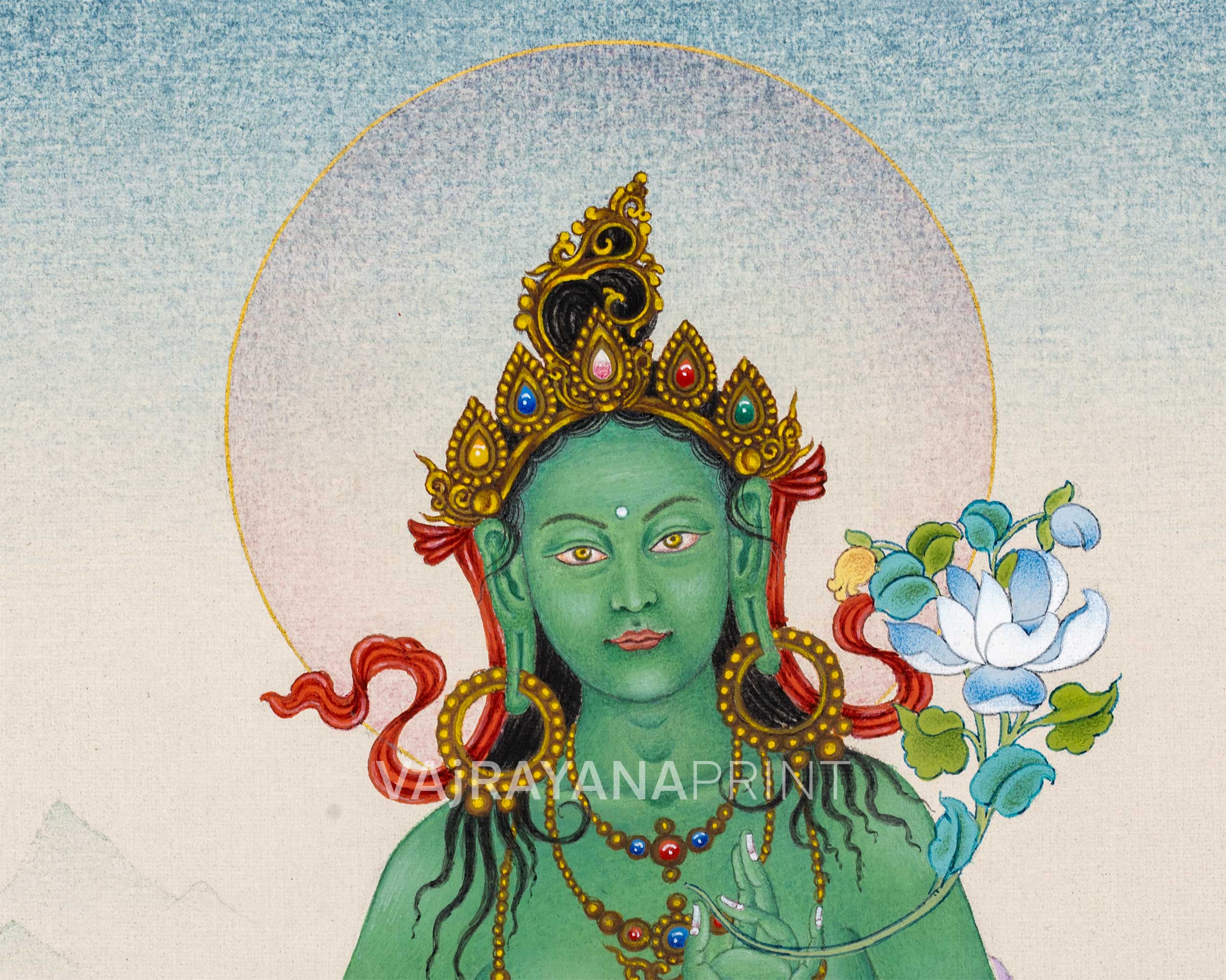 Magnificent Tara Duo: White Tara and Green Tara Thangka Prints