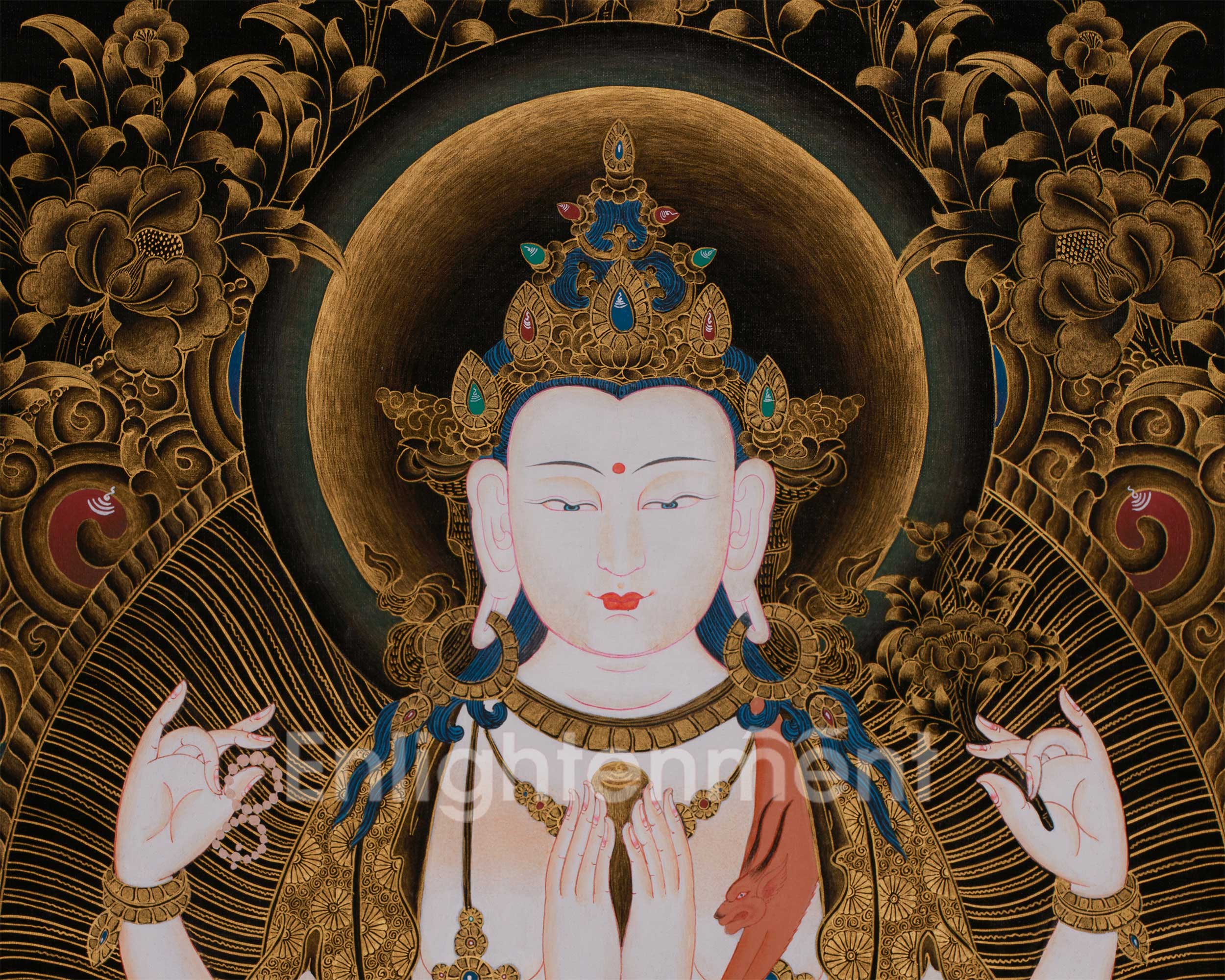 Large 30 Inches Chenrezig in Gold | Four-Armed Bodhisattva of Infinite Compassion