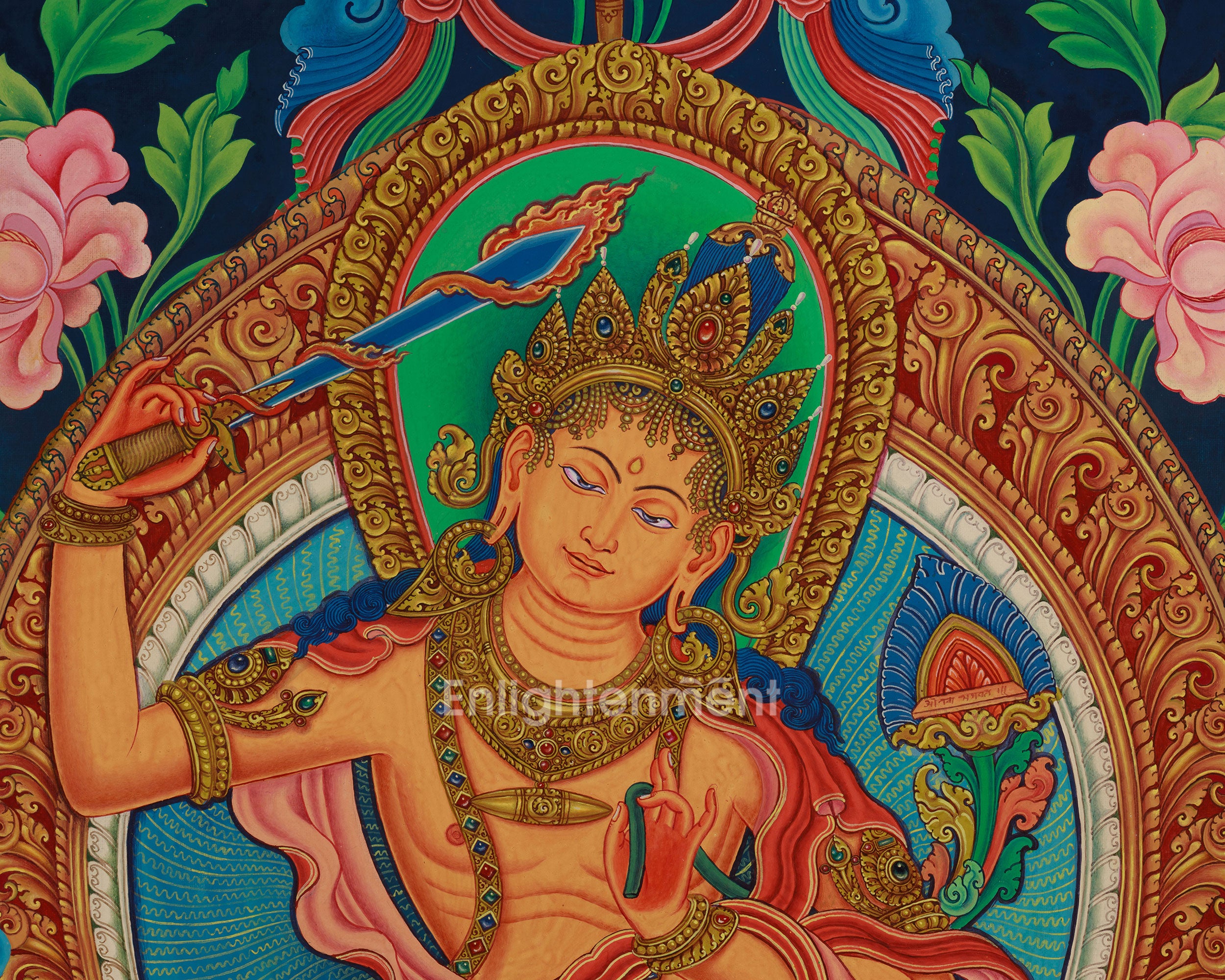 Exquisite Manjushri Painting | 5 Dhyani Buddhas and Bodhisattva | Tibetan Buddhist Wisdom Art