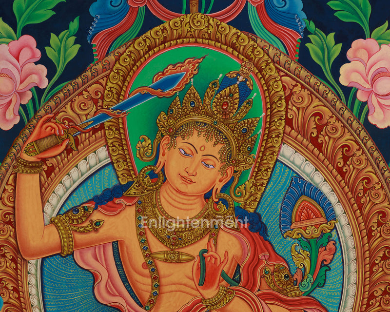 Exquisite Manjushri Painting | 5 Dhyani Buddhas and Bodhisattva | Tibetan Buddhist Wisdom Art