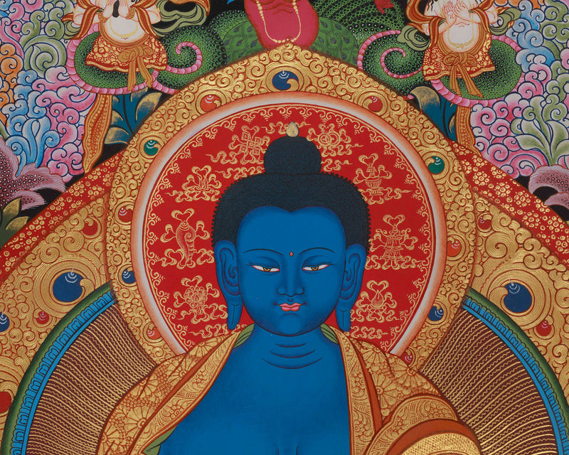 A Rare Collectable Artwork of Medicine Buddha | Four Heavenly Kings | 24K Gold Embellishments on Black Canvas