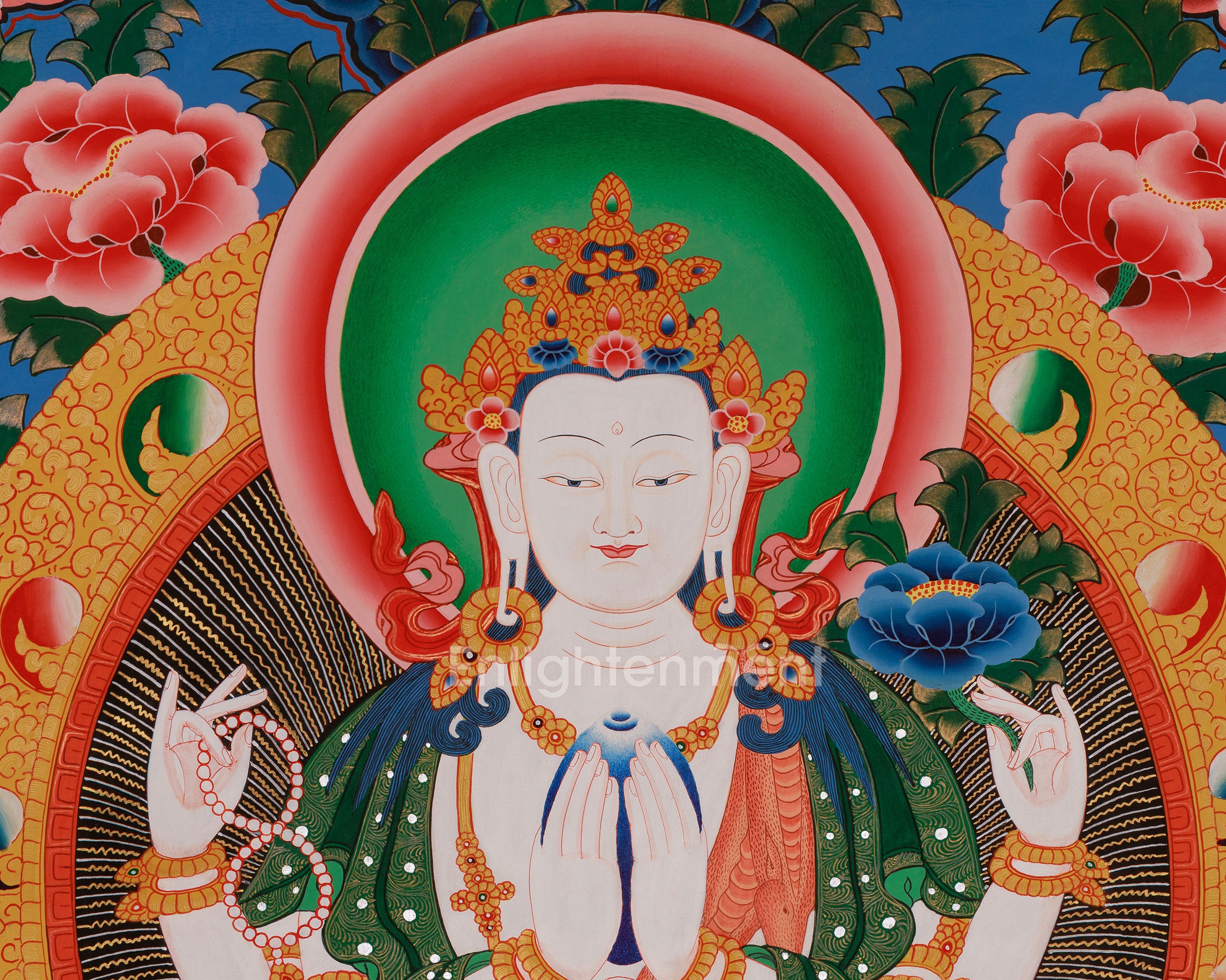 Divine Thangka of Chenrezig | Avalokiteshvara, 5 Dhyani Buddhas, White Tara, Green Tara, Manjushri & Vajrapani