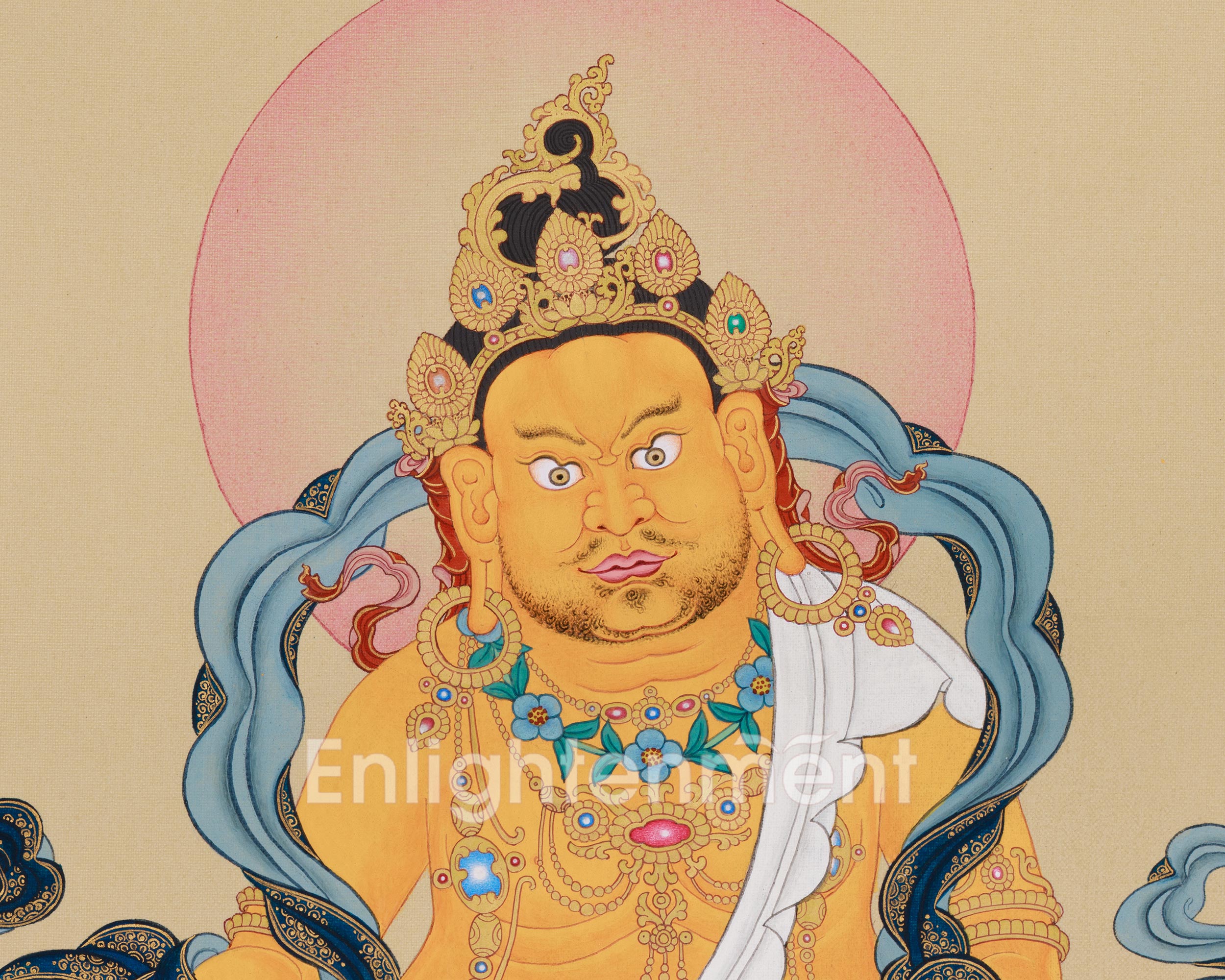 Yellow Dzambhala with Buddha Ratnasambhava Thangka | The Union of Wealth and Spiritual Enlightenment