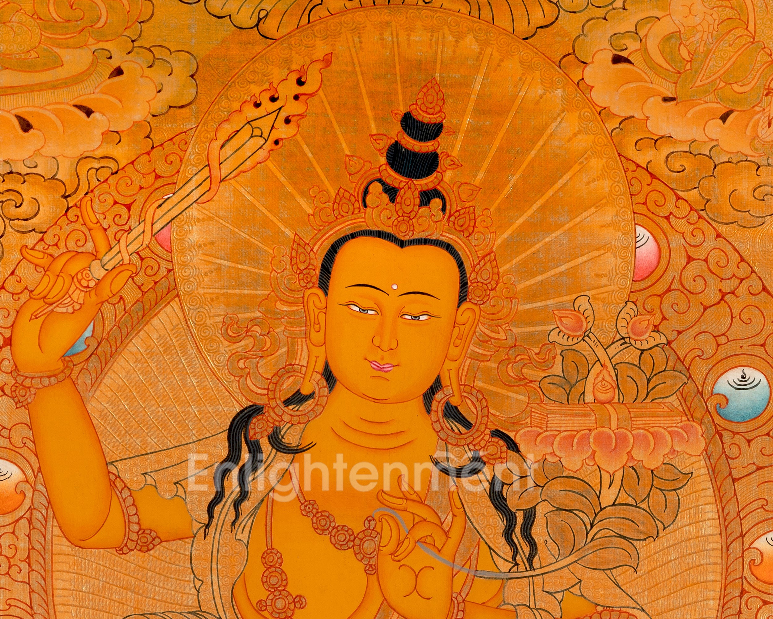 Gold Manjushri Thangka | Tibetan Buddhist Wall Decor Art