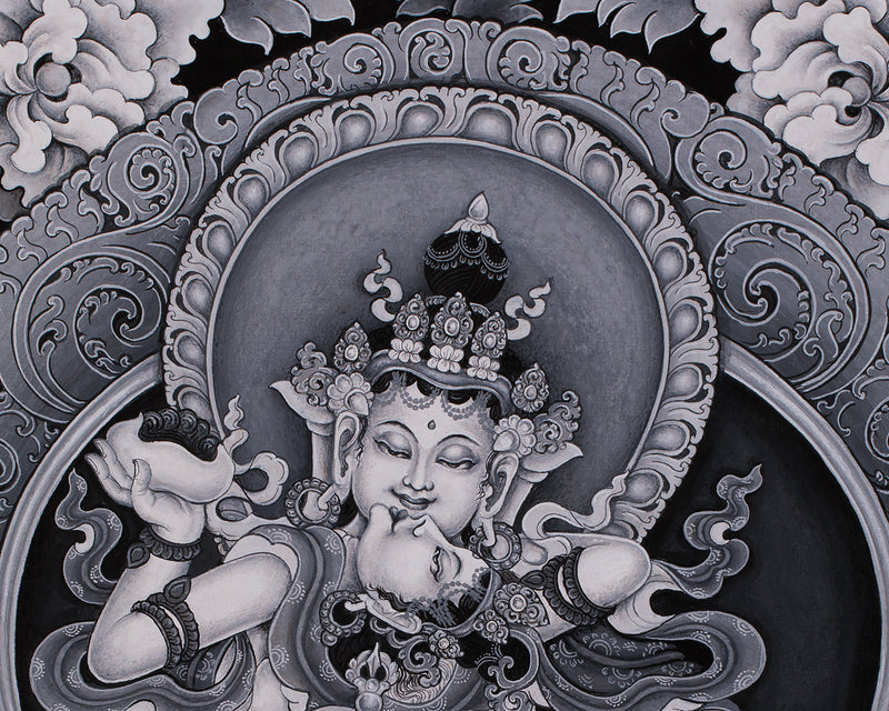 Black and White Vajrasattva Consort Painting | Traditional Paubha Artistry