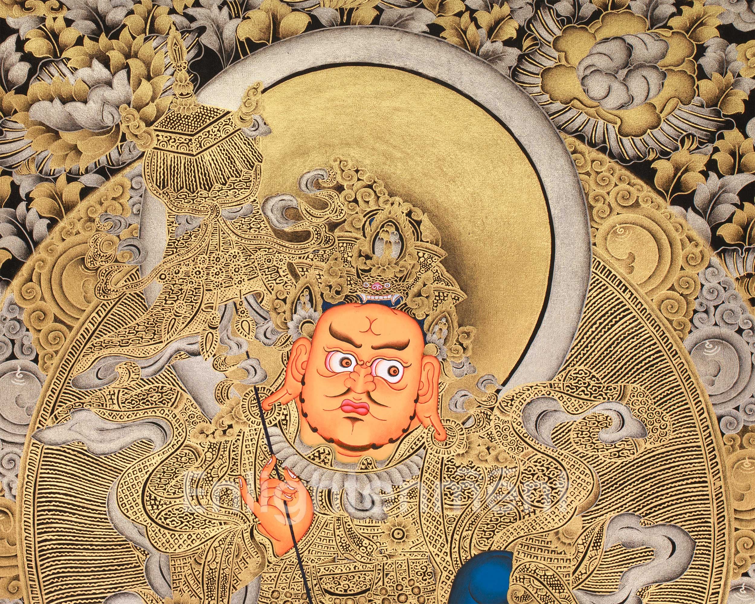Exquisite Vaishravana, Guardian of the North Thangka | 24K Gold Embellished Art on Black Canvas