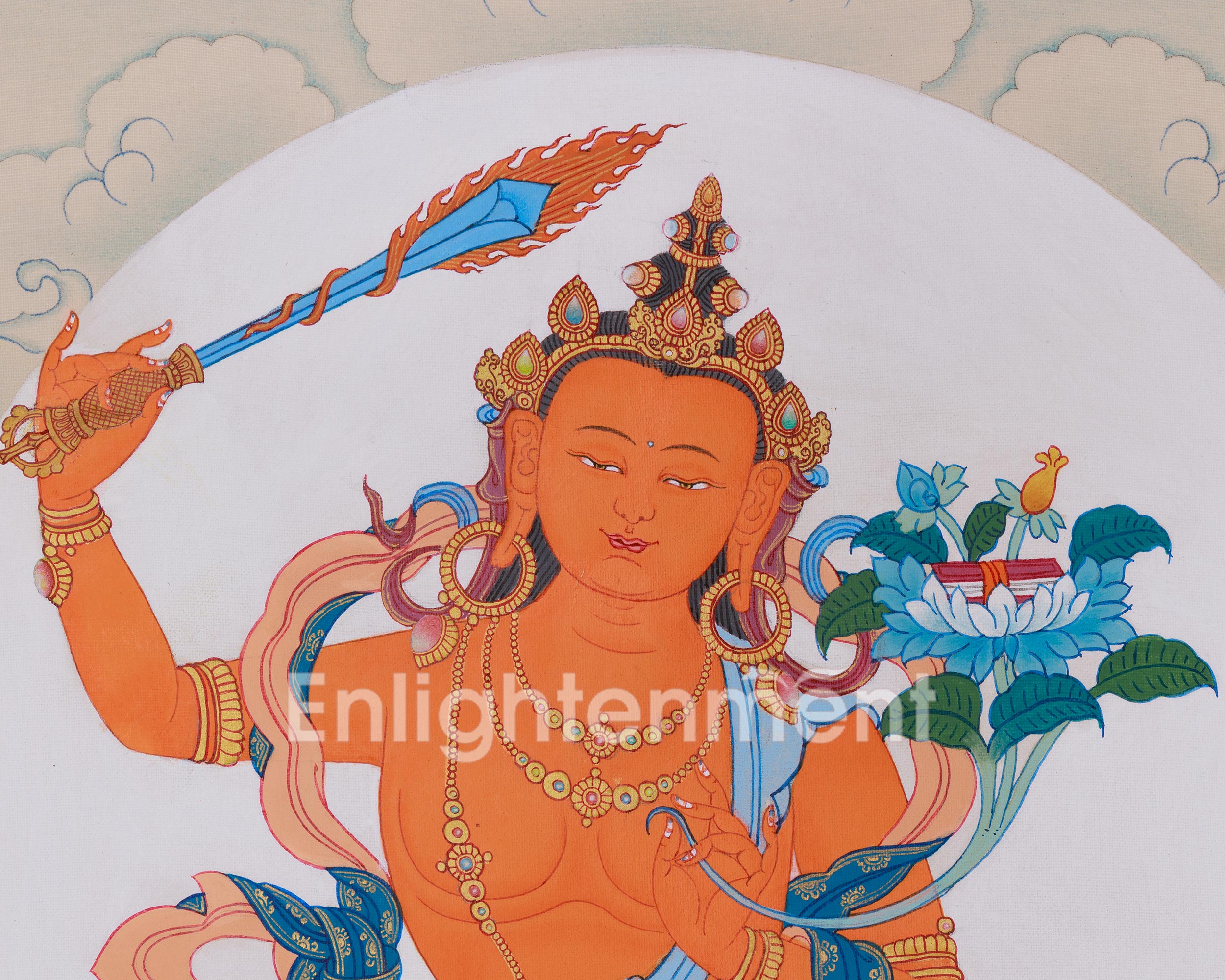 Manjushri with Chenrezig and Vajrapani Thangka | The Divine Triad of Wisdom, Compassion, and Protection