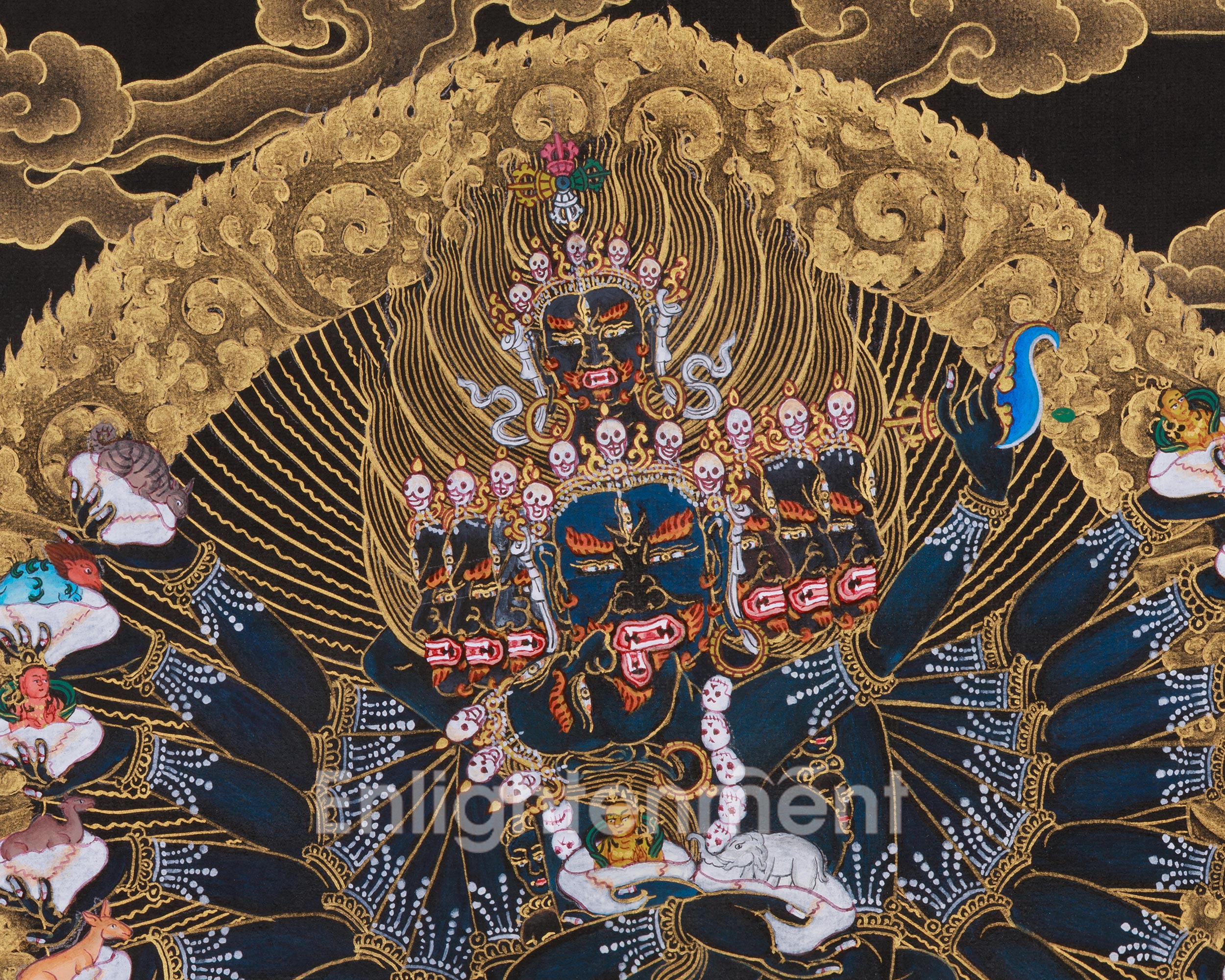 Gold on Black Hevajra Thangka | Fierce Meditational Deity | Vajrayana Buddhism