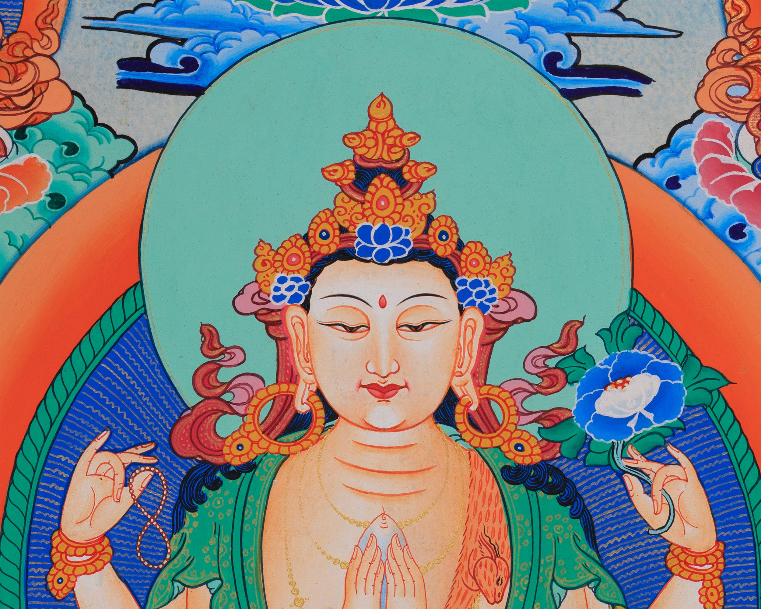 Avalokiteshvara Thangka with Buddhas and Bodhisattvas | Hand-Painted Himalayan Art