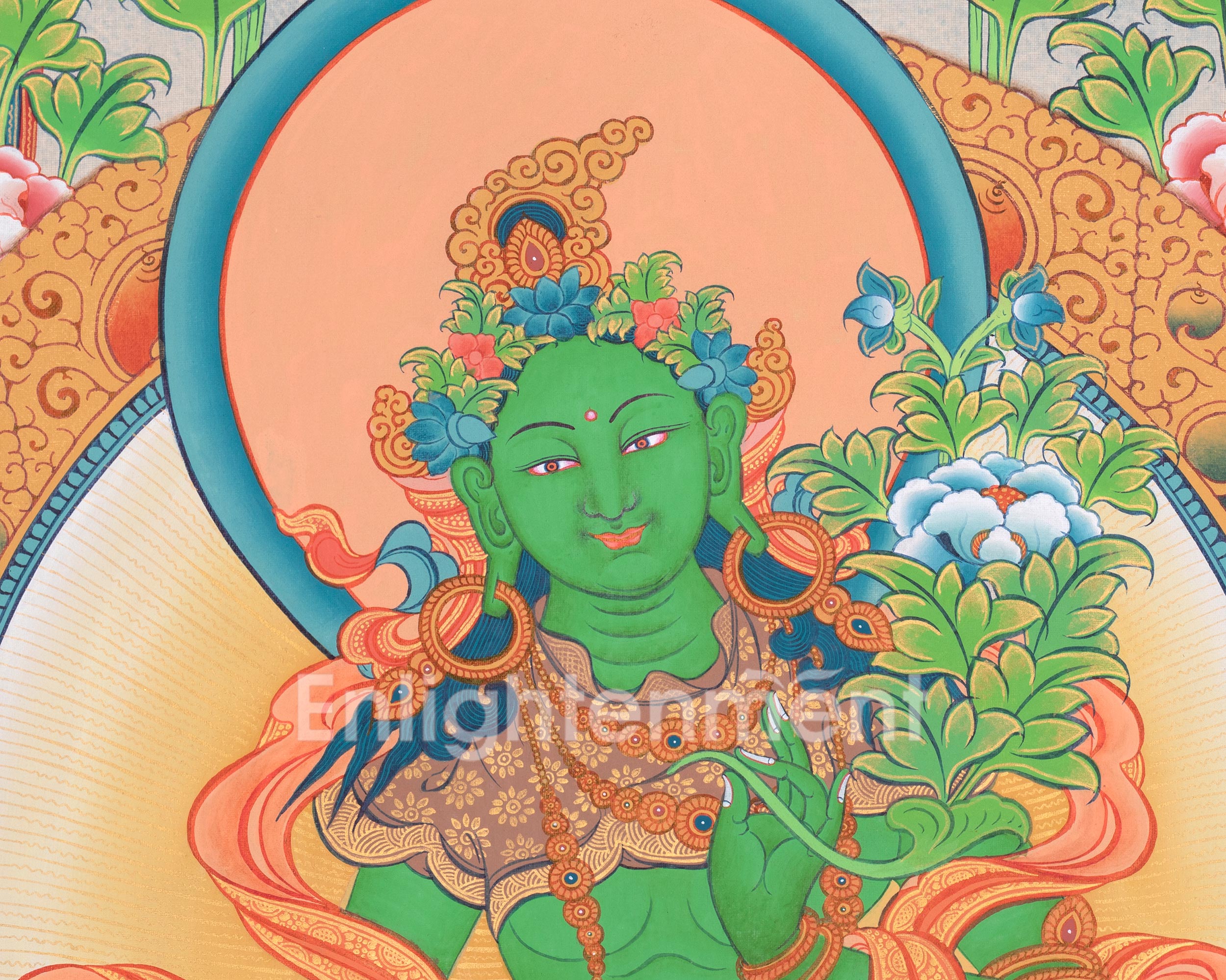 Hand-painted Goddess Green Tara Thangka | Compassionate Deity