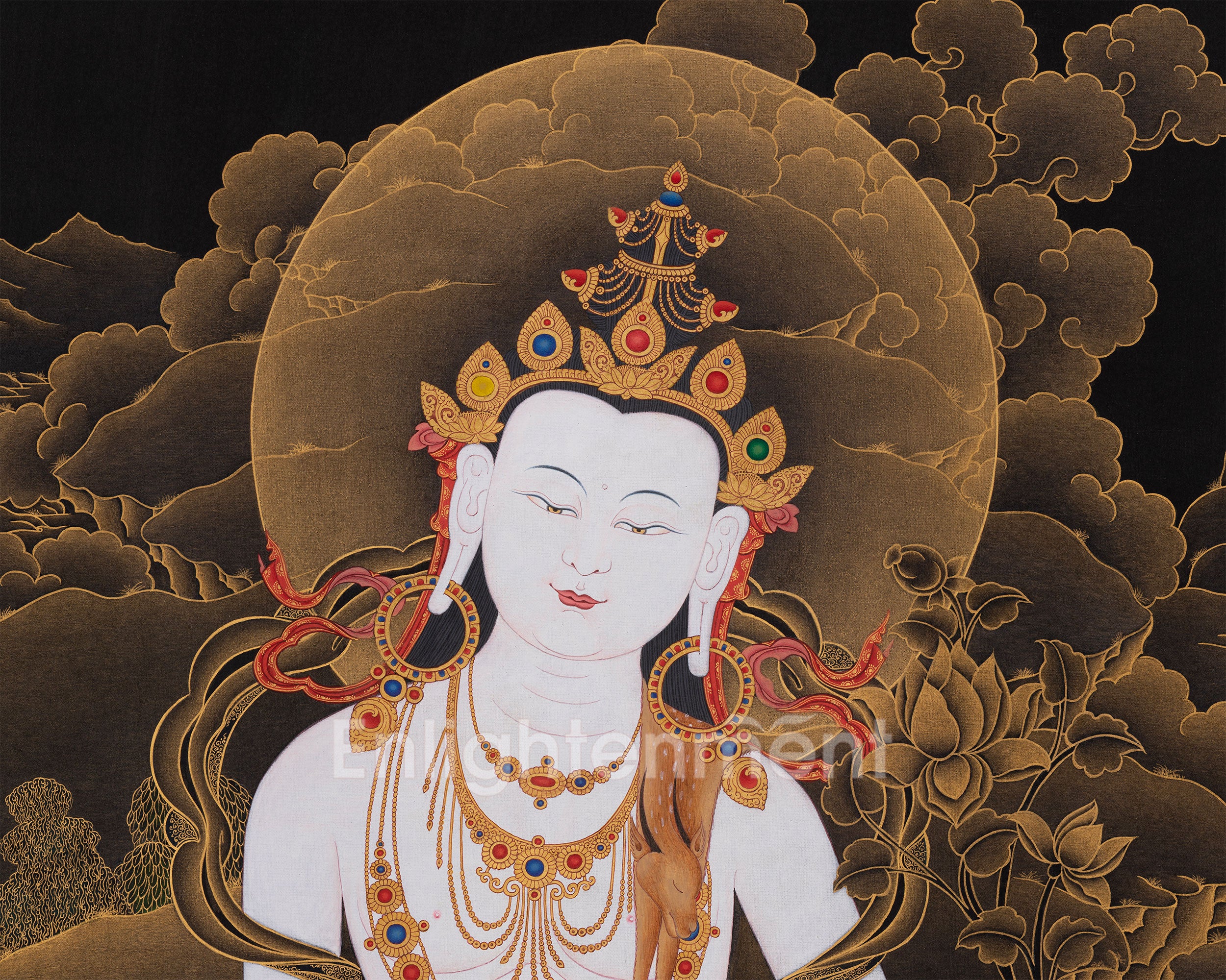 Majestic Two-Armed Chenrezig | 24K Gold Embellished Thangka | Nakthang Style
