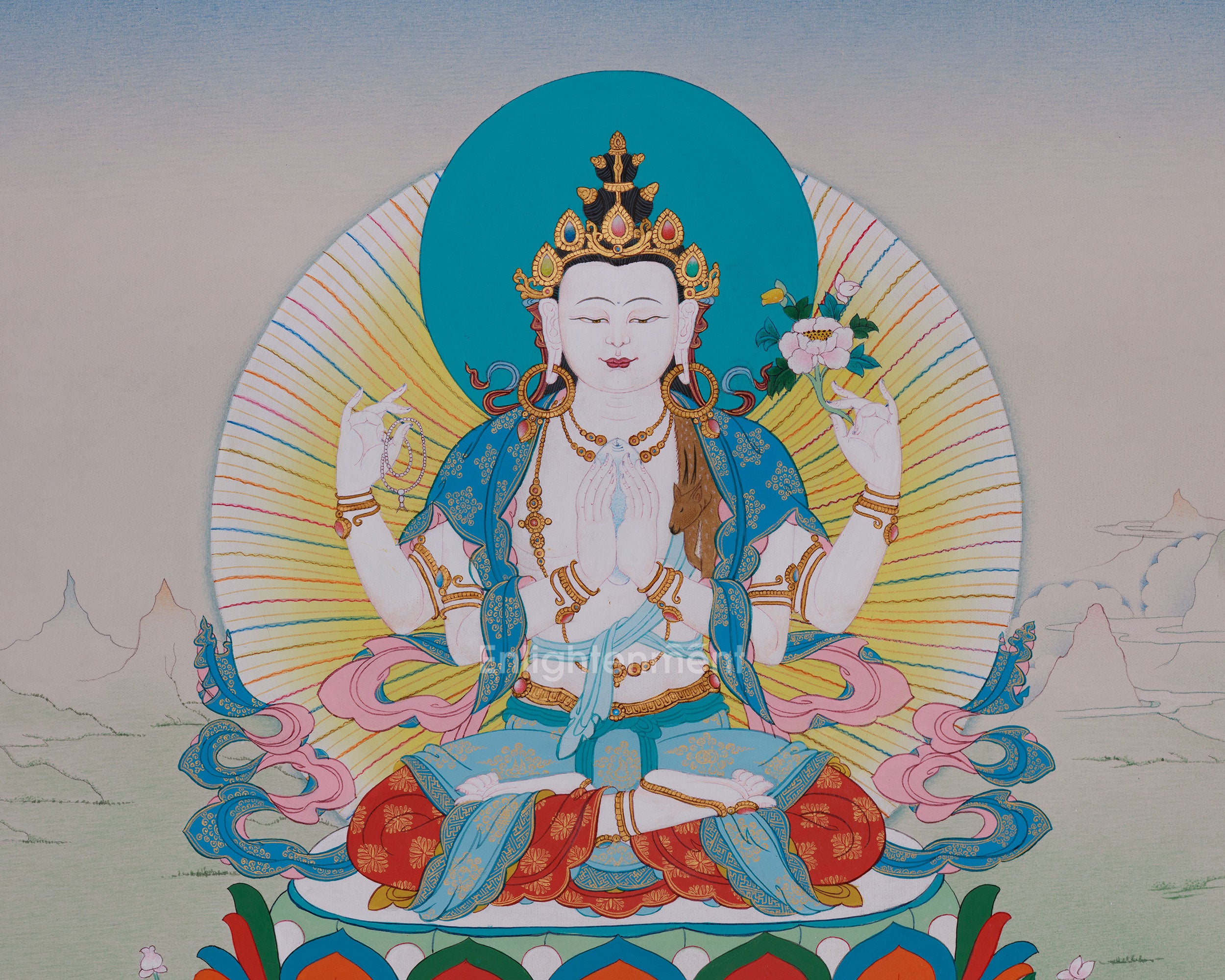 Avalokitesvara Thangka | Chenrezig with Manjushri & Vajrapani