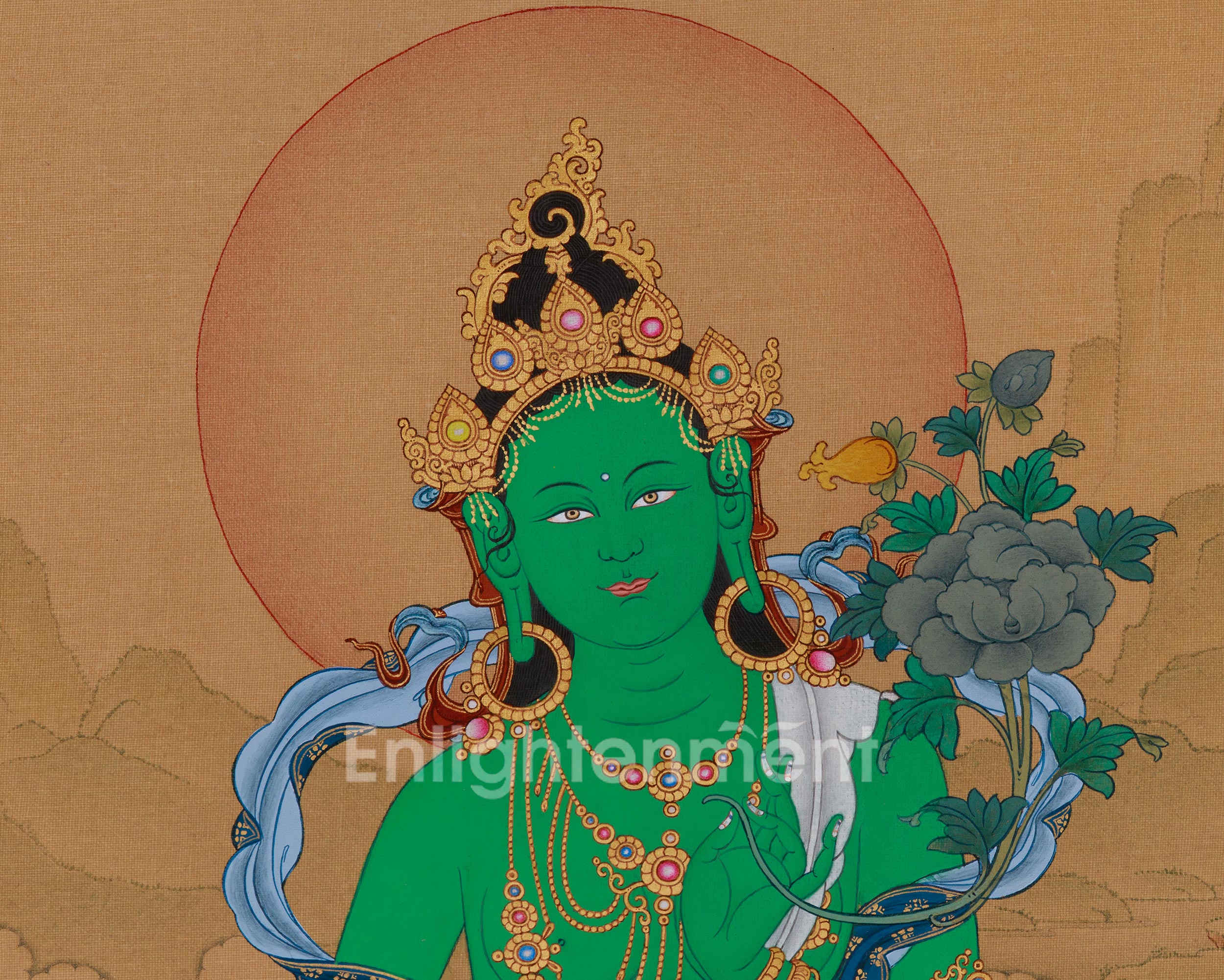 Divine Thangka of Green Tara with Amitabha Buddha | Goddess of Compassion
