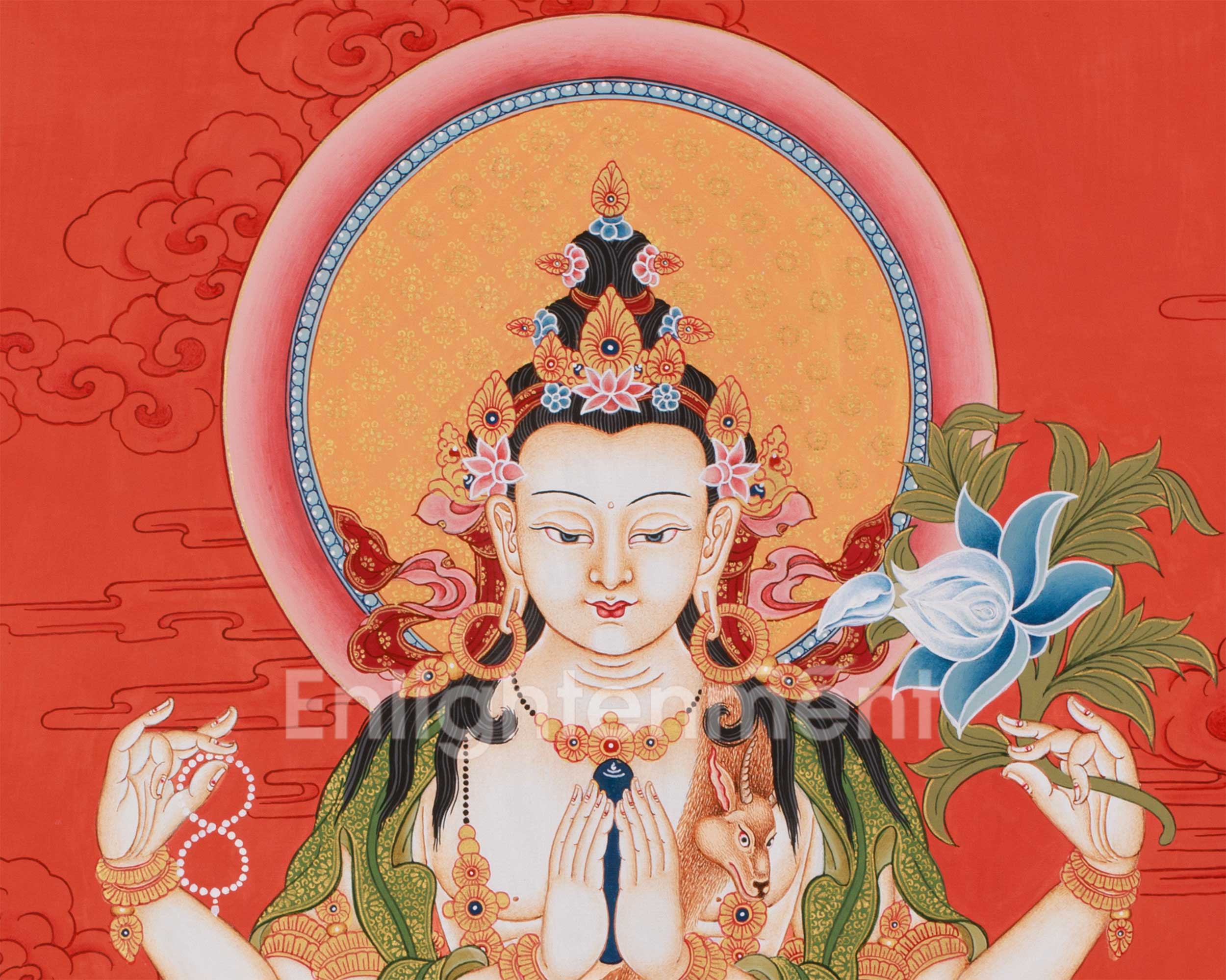 Thangka of Bodhisattva Chenrezig | Minimal Red Hues Artwok