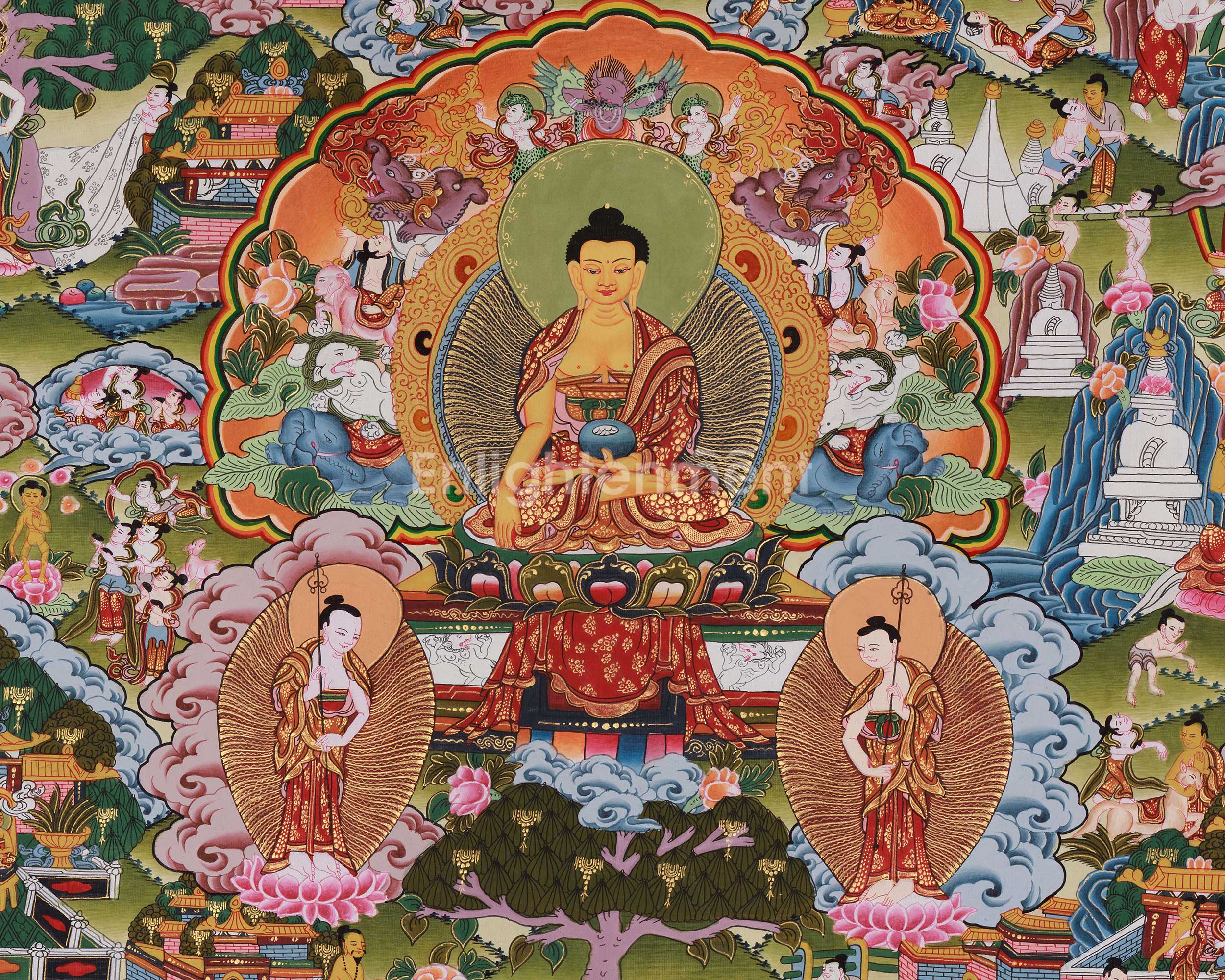 Historical Buddha Life Story Thangka | Traditional Artwork Depicting the Buddha’s Path to Enlightenment