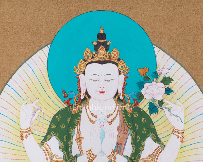 Chenrezig, Four-Armed Avalokiteshvara Thangka | Tibetan Compassion Deity