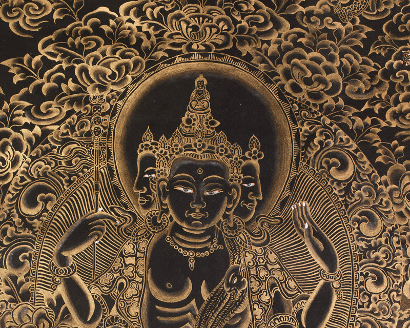 Unique Gold-Embellished lokeswara Thangka | Brocade Mounted