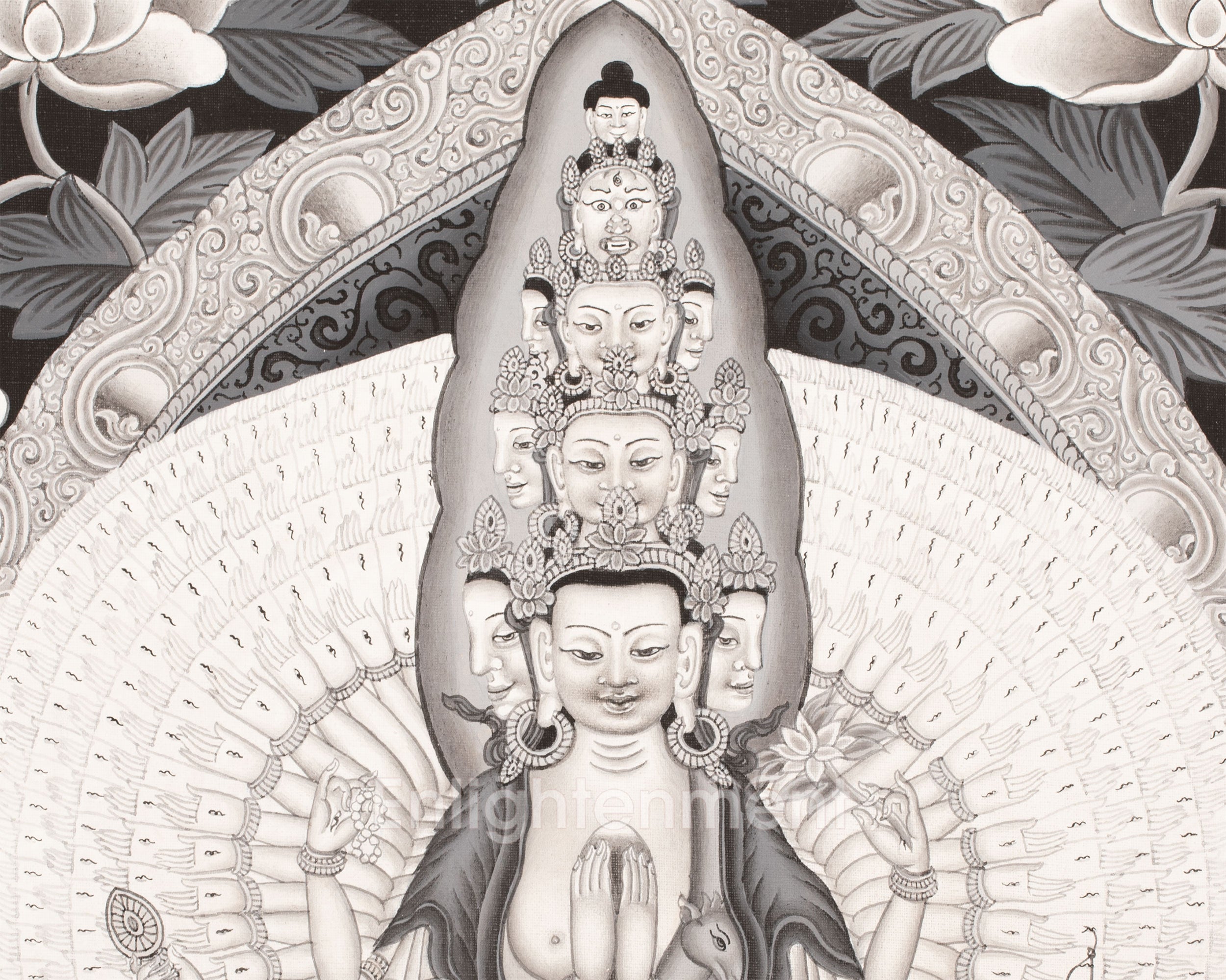 Avalokiteshvara Thangka flanked by Green and White Tara | Original Hand Painted Black & White Newari Style Bodhisattva Thangka
