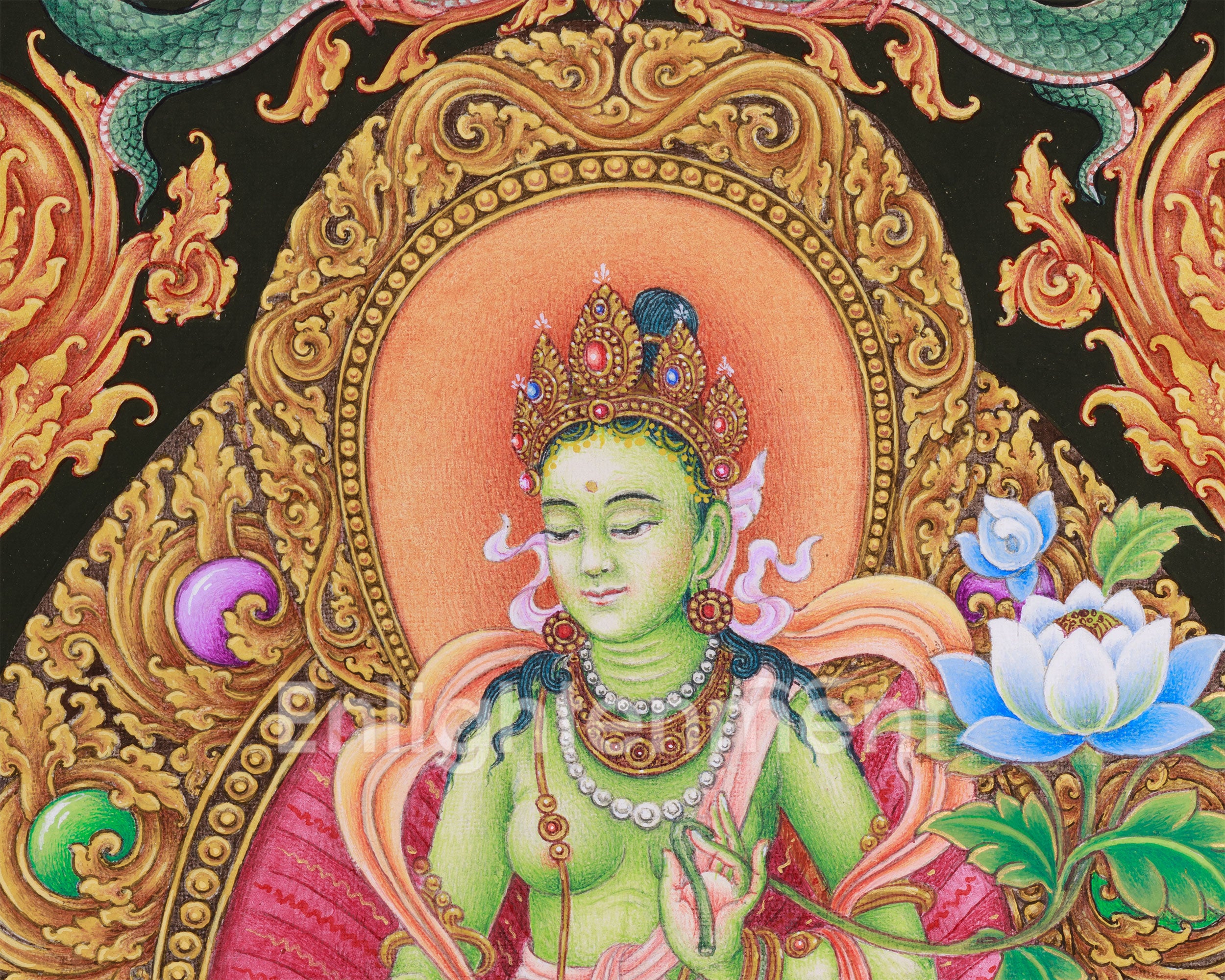 Paubha Masterpiece of Tibetan Goddess Standing Green Tara | Guardian of the Eight Fears