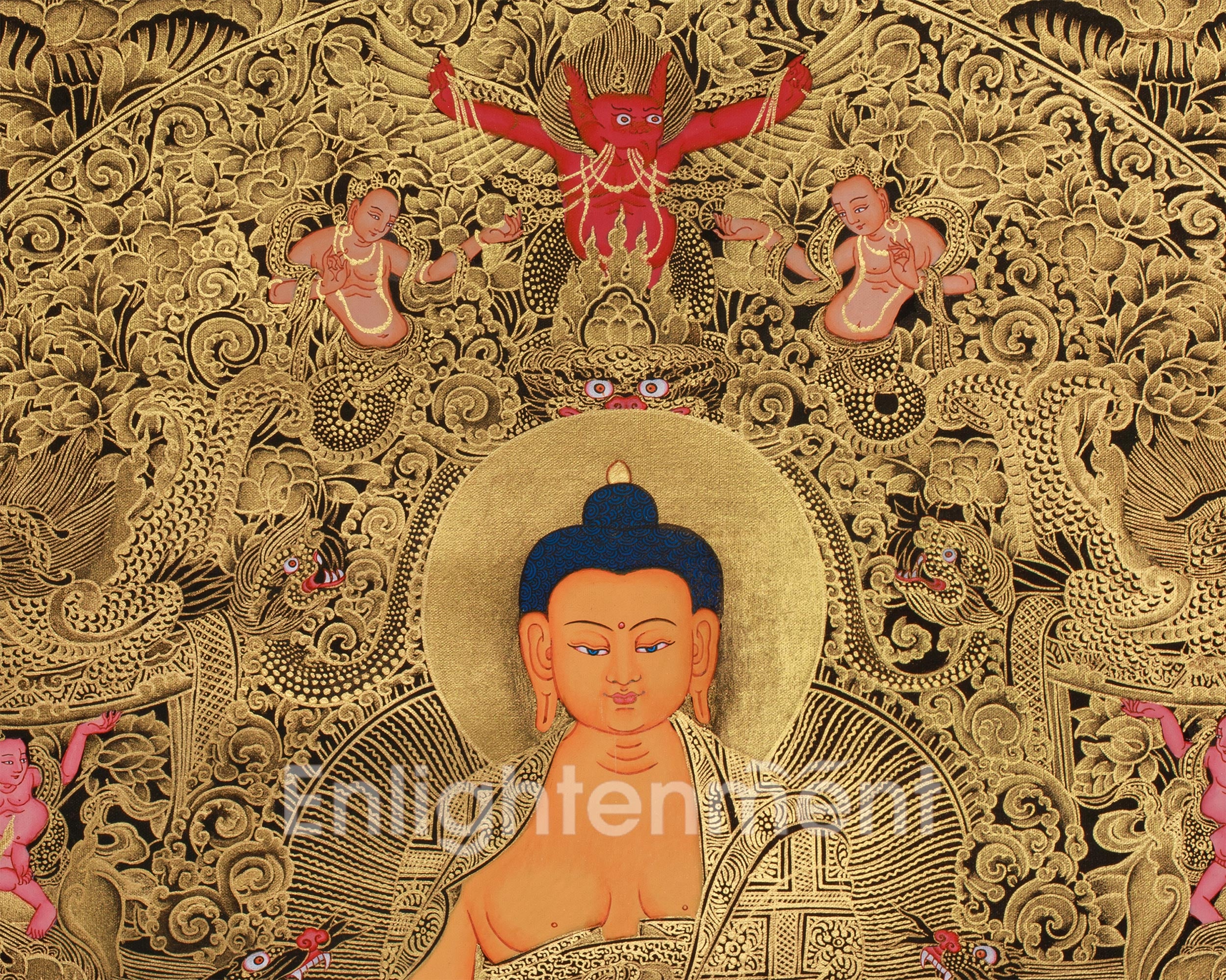 Opulent Gold Thangka of Historical Shakyamuni Buddha | The Awakened One in Elaborate Gold Throne