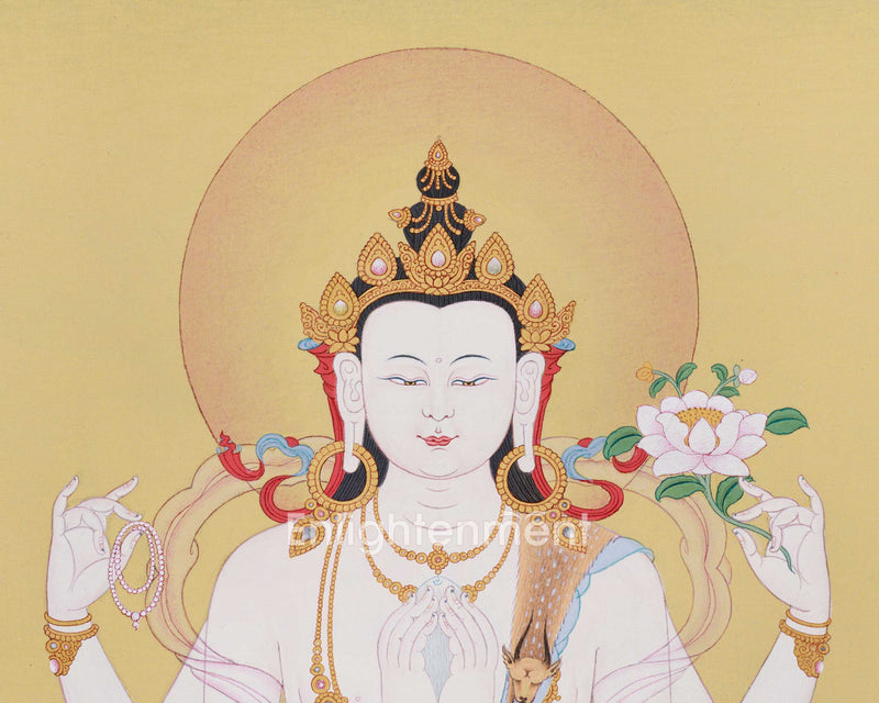 Four-Armed Chenresig Thangka | Bodhisattva Of Compassion | Religious Enlightenment Art