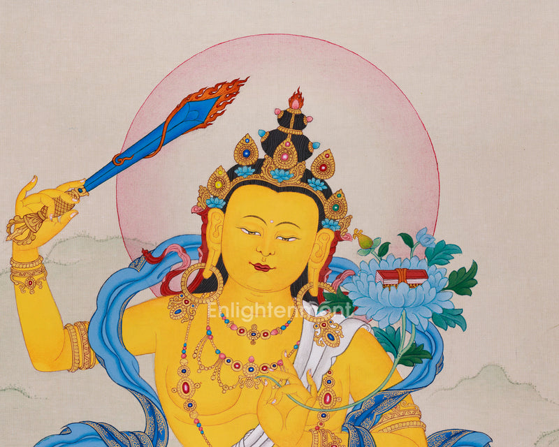 Manjusri's Sword of Wisdom | Original Tibetan Thangka | 24K Gold Detail