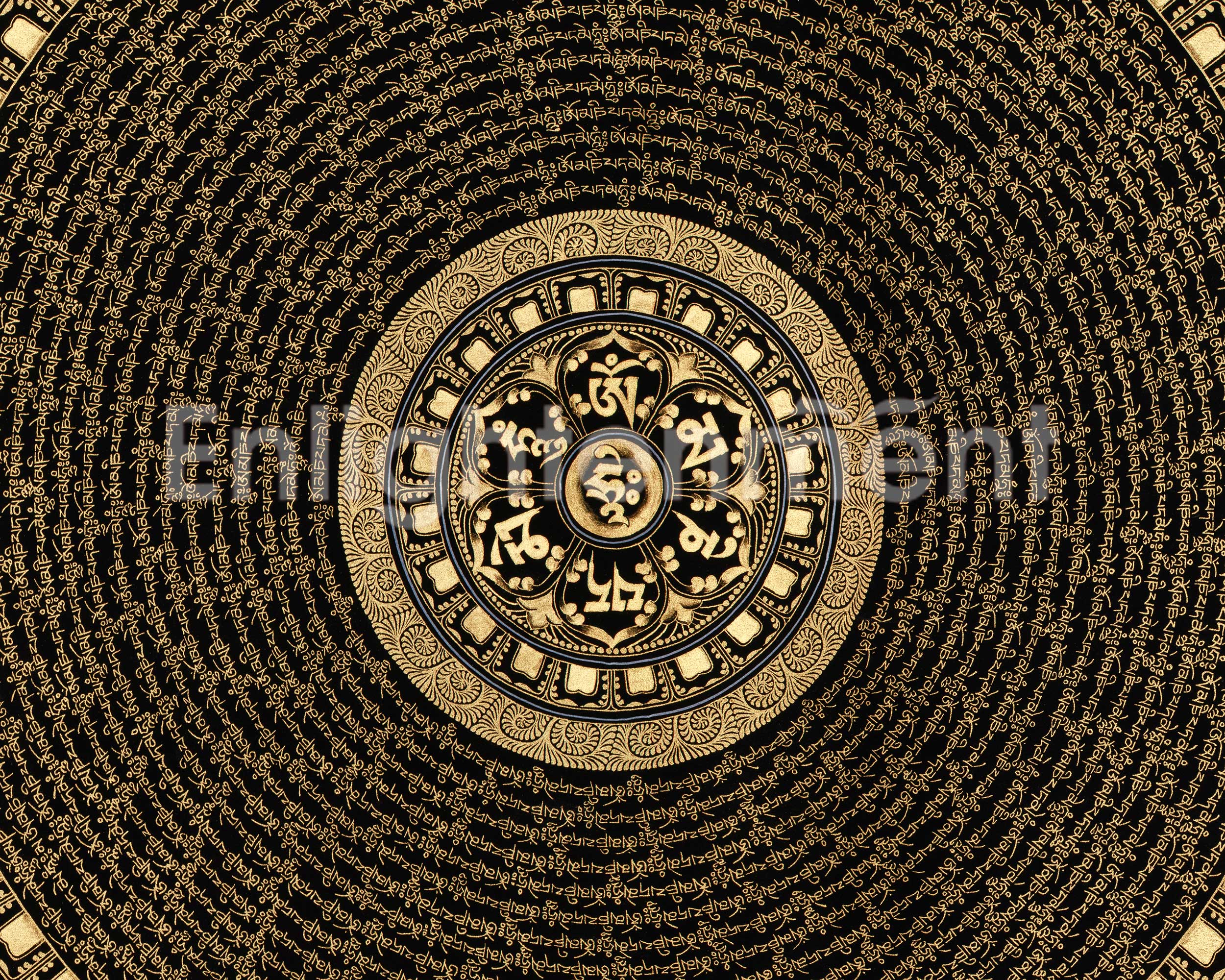 Black and Gold Mantra Mandala | Hand-Painted 24K Gold Tibetan Thangka