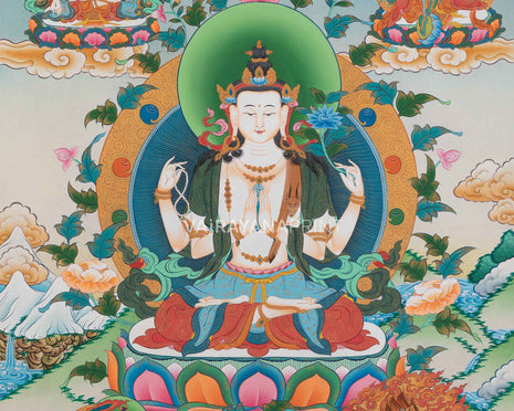 Chenrezig Thangka Print Enveloped by Bodhisattvas' Grace | Traditional Wall Decors
