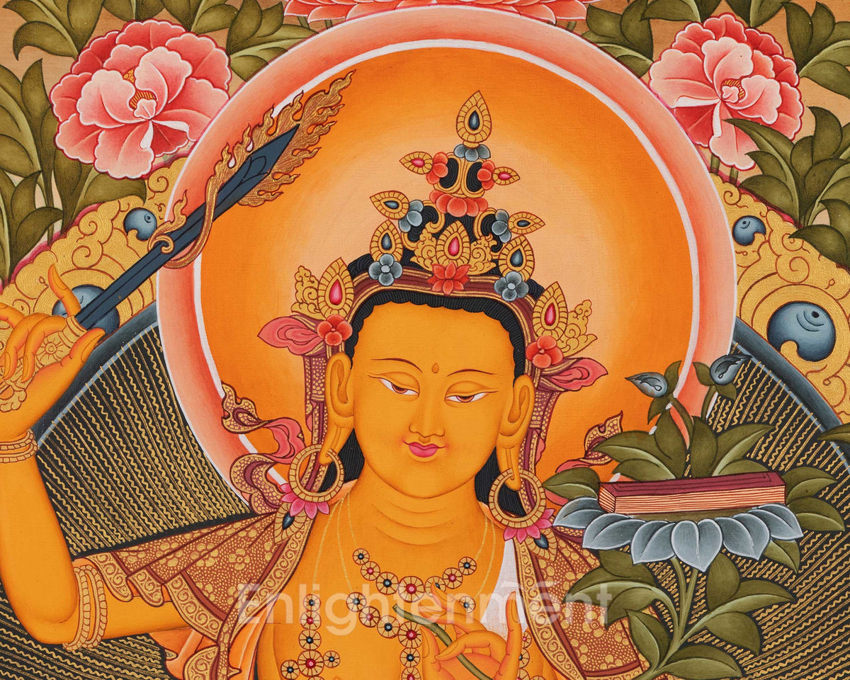Manjushree The Deity of Wisdom Thangka  | Amitayus , Vajrapani & Chengresig Fine Quality Acrylic Art | Wisdom Buddha