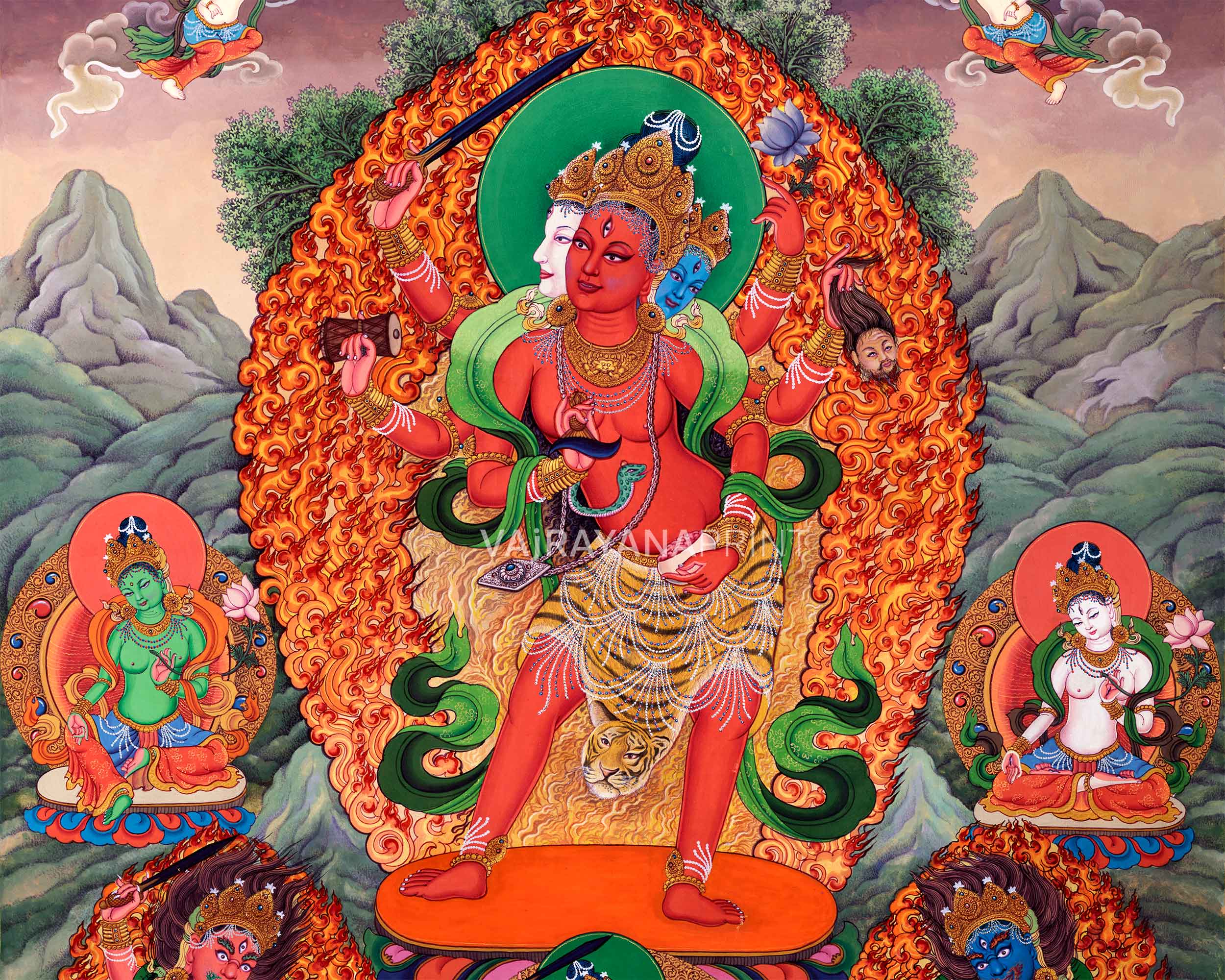 Goddess Vajrayogini Meditation Large Asian Canvas Art Print | Vajrayogini With Green Tara, White Tara, Manjushri