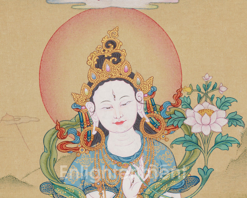 Goddess White Tara With Amitabha Thangka |  Healing, Longevity and Spiritual Protection