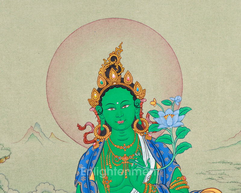 Tibetan Art of Small Green Tara on Cotton Canvas